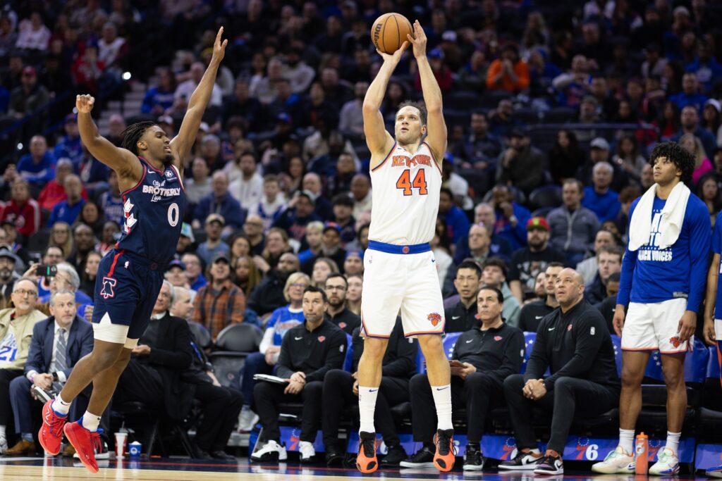 Bojan Bogdanovic shooting a three over Tyrese Maxey.