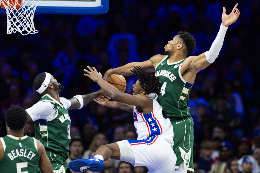 Tyrese Maxey getting blocked by Giannis.
