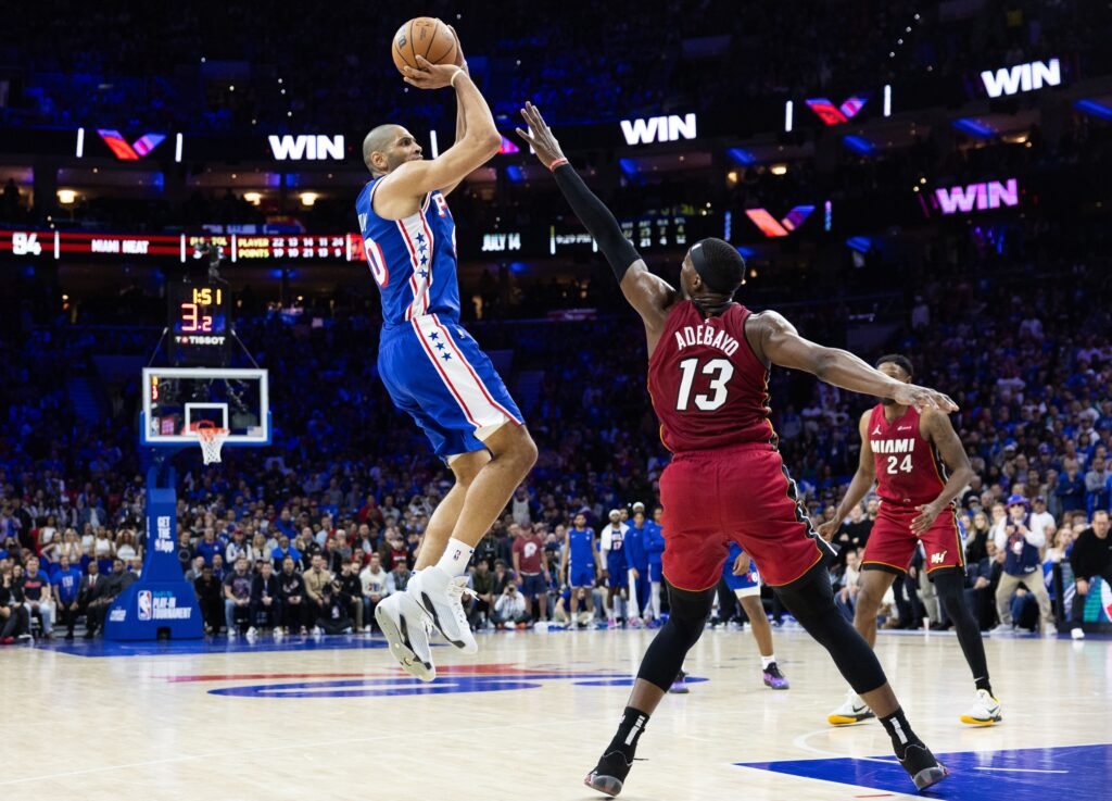 Nic Batum rising up for a jumper against the Miami Heat in the play-in.