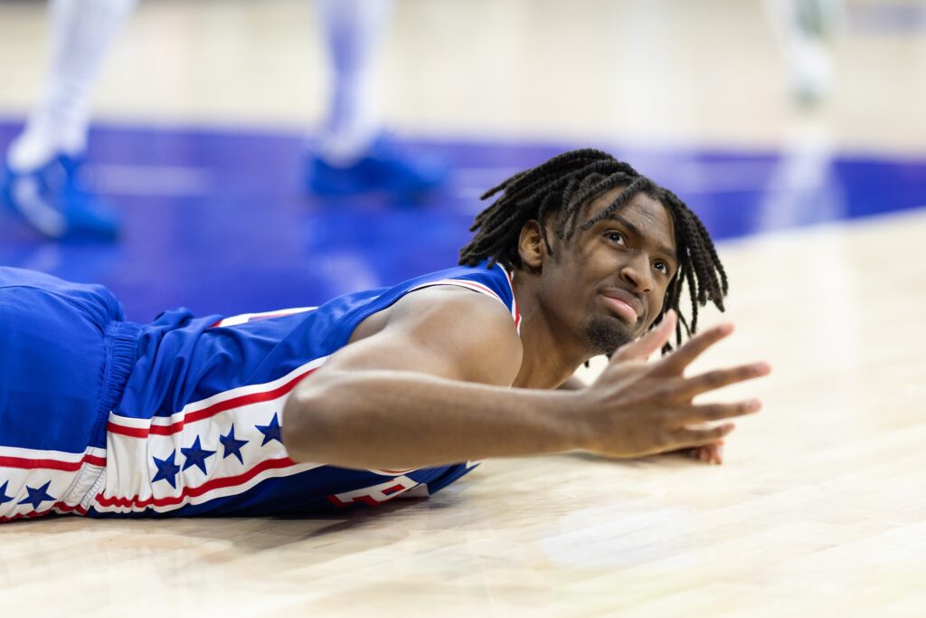 Tyrese Maxey shrugging after not getting another call vs. the Knicks.