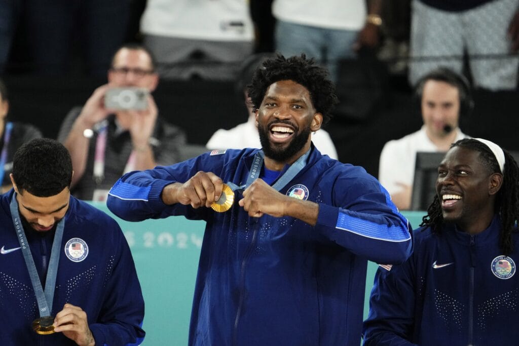 Joel Embiid with a gold medal at the 2024 Olympics in Paris.