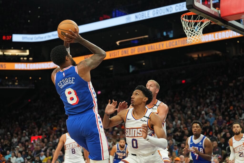 Paul George rising up for a baseline jumper.