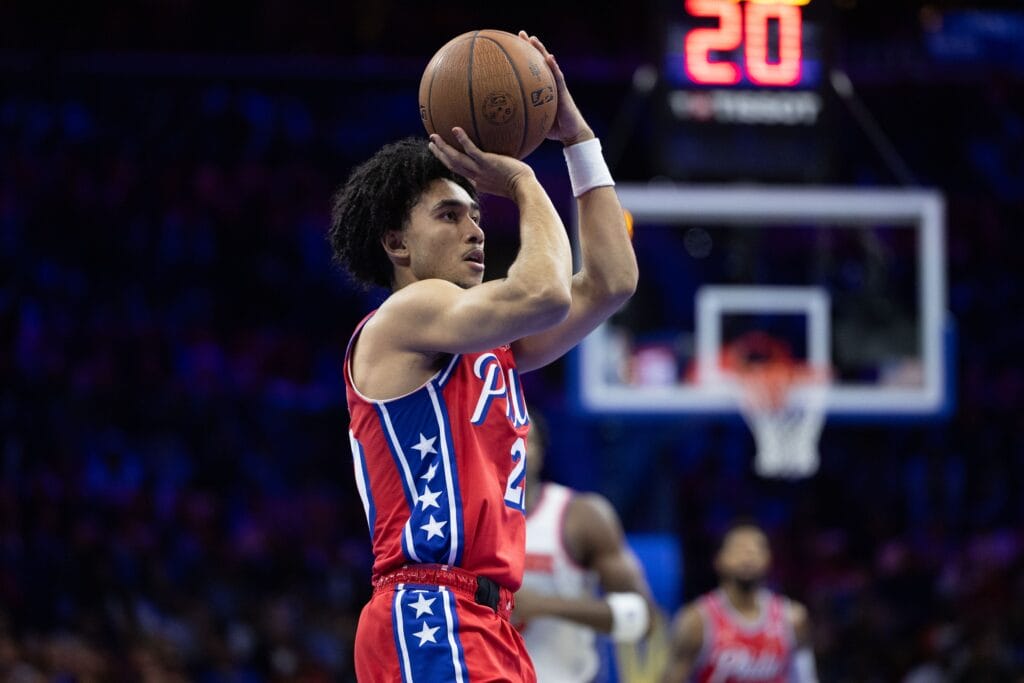 Jared McCain rising up to shoot a three against the Knicks.