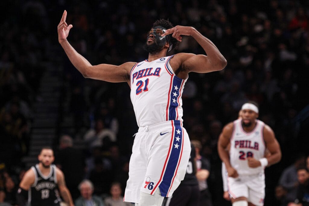 Joel Embiid celebrating vs. the Brooklyn Nets