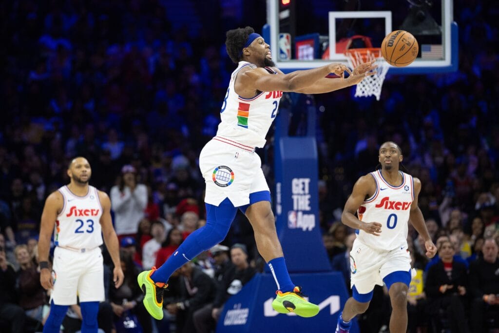 Guerschon Yabusele throwing a jump pass against the Lakers.