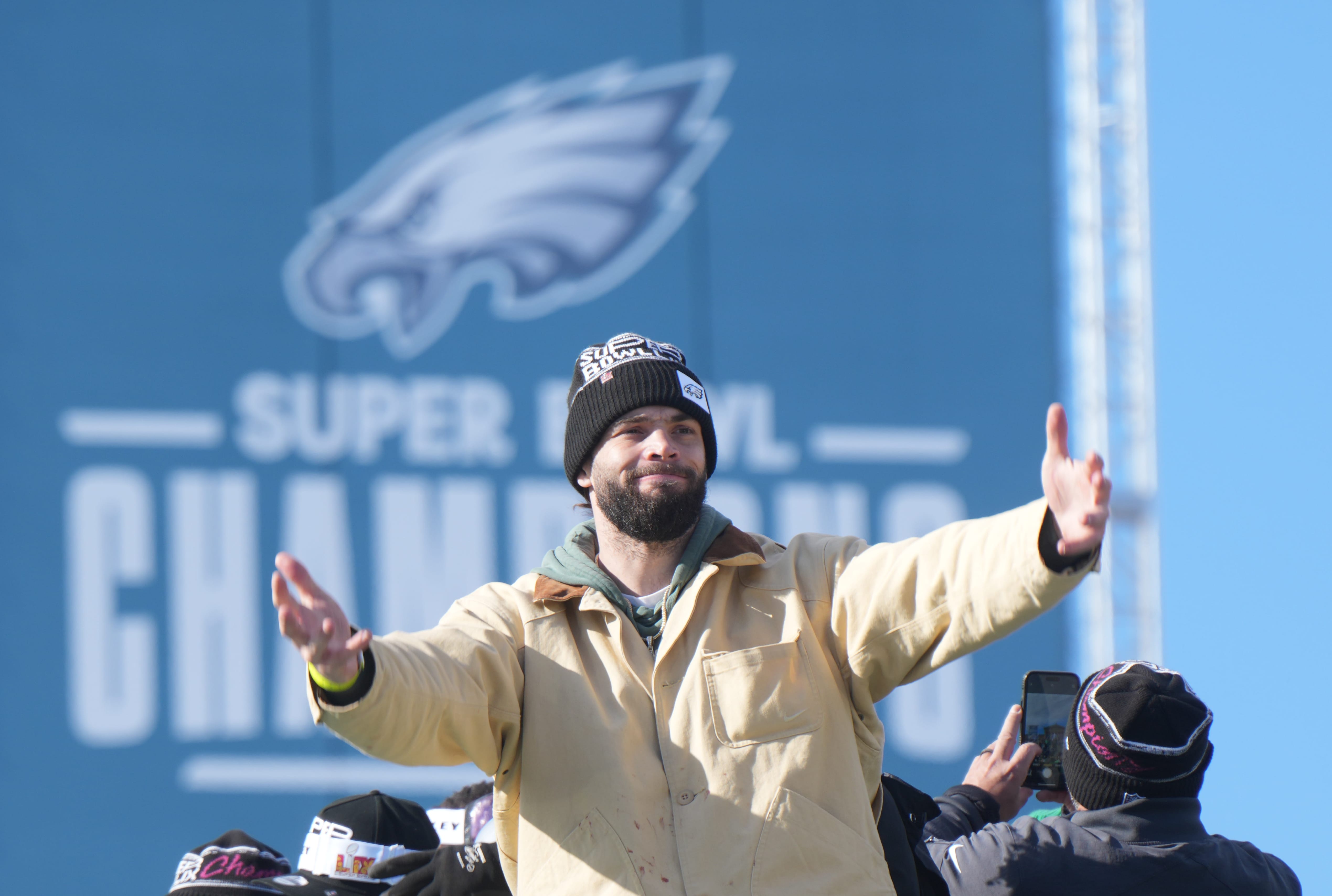 Eagles tight end Dallas Goedert (88) reacts during the Super Bowl LIX championship parade and rally. Mandatory Credit: Kirby Lee-Imagn Images
