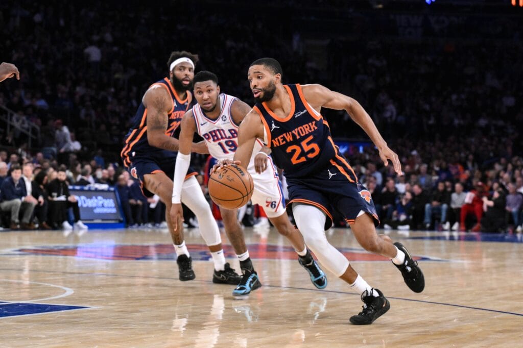Mikal Bridges driving against the Sixers.