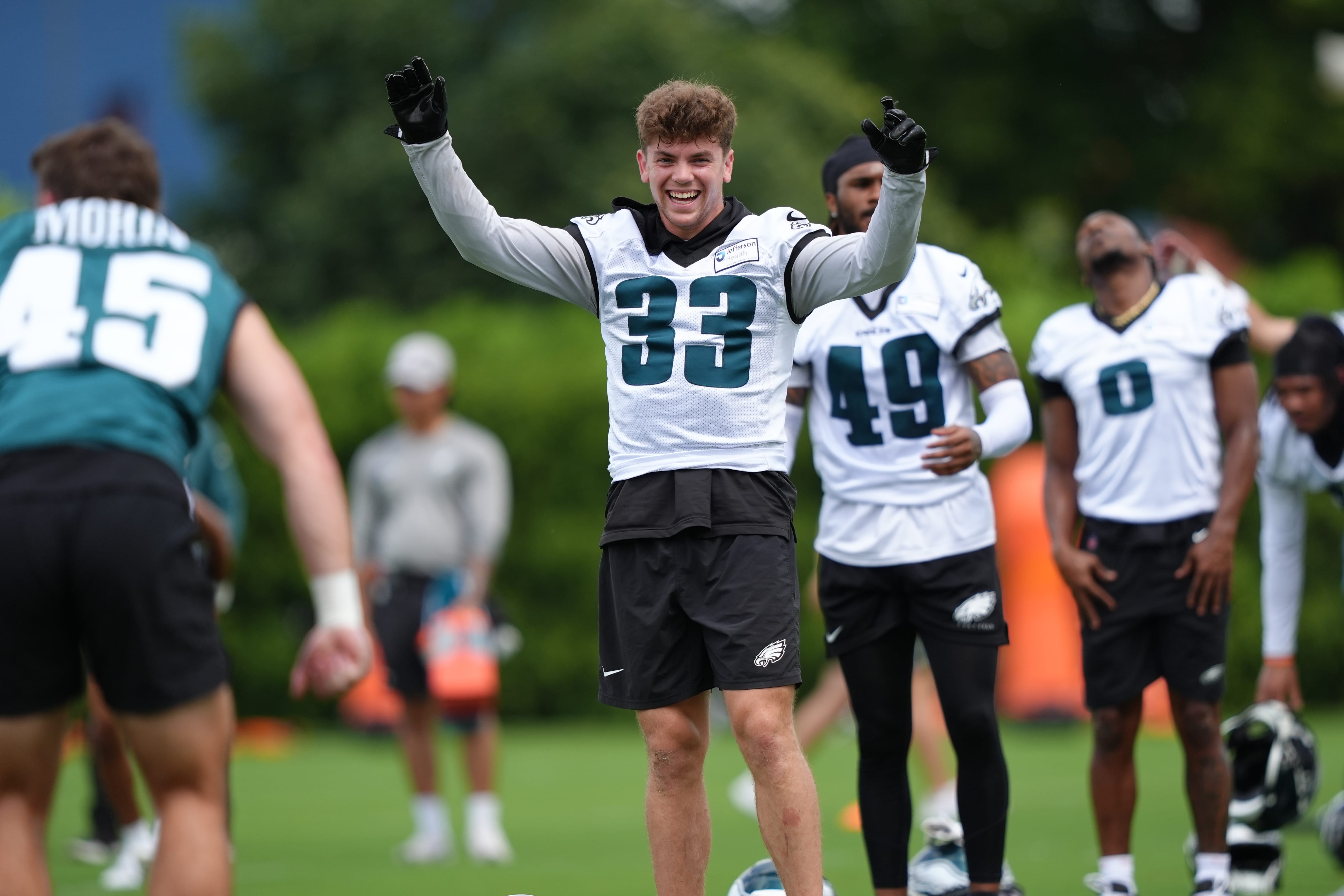 Eagles defensive back Cooper DeJean (33) reacts during warmups at NovaCare Complex. Mandatory Credit: Kyle Ross-Imagn Images