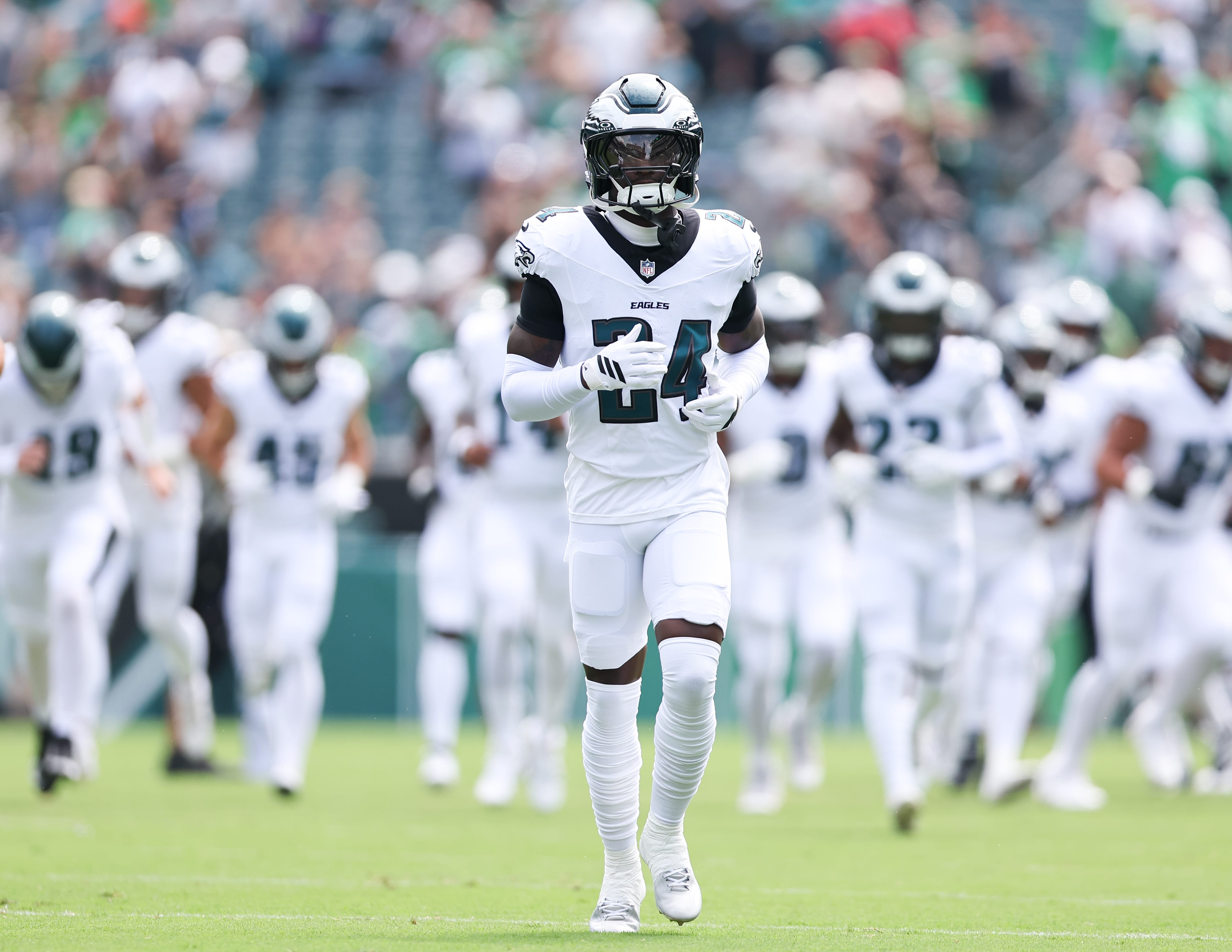 Eagles safety Andrew Mukuba (24) in a game against the Cleveland Browns at Lincoln Financial Field. Mandatory Credit: Bill Streicher-Imagn Images