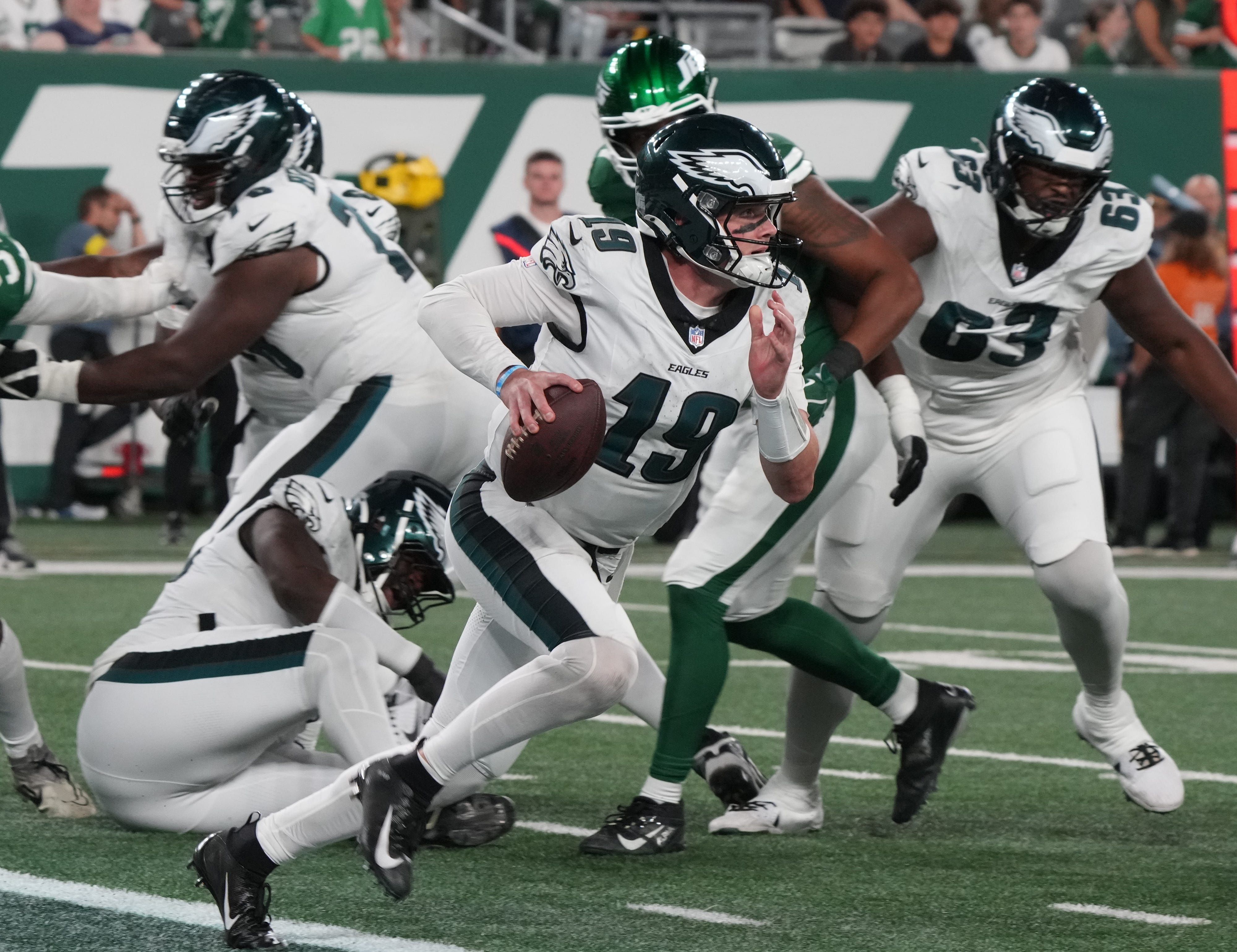Eagles quarterback Kyle McCord went 15-for-35 against the New York Jets in the preseason finale on Friday.