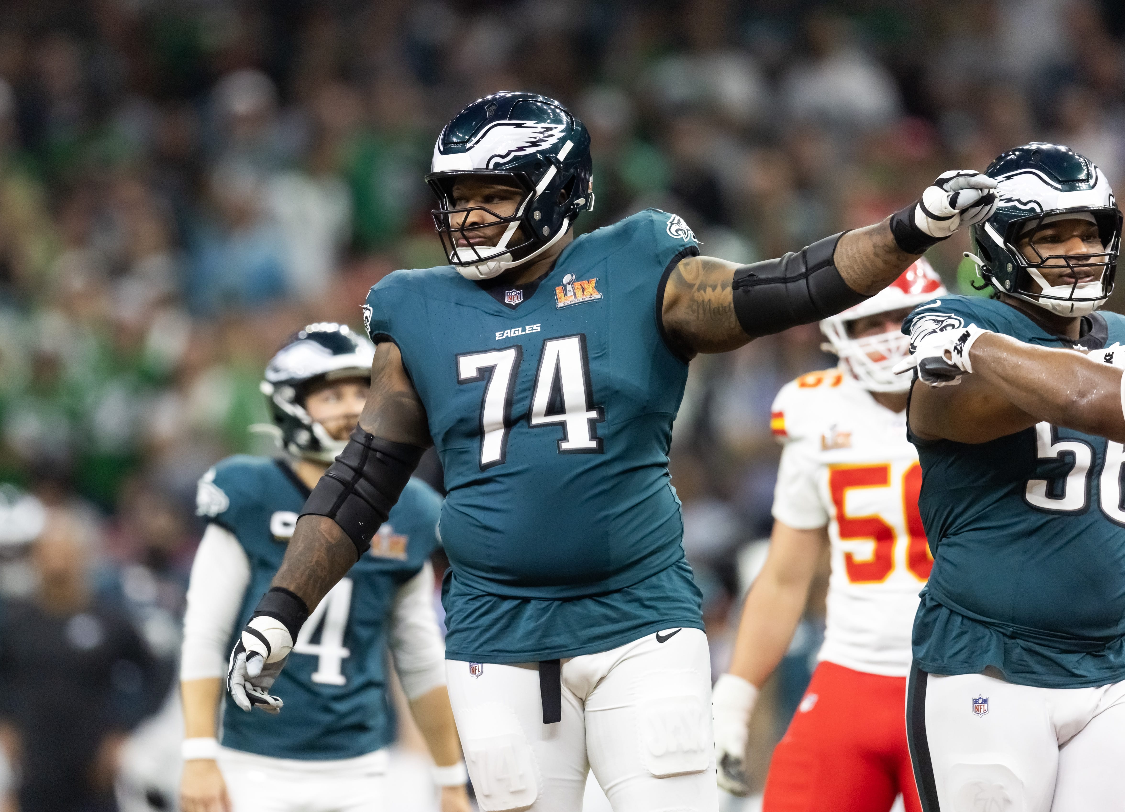 Eagles offensive tackle Fred Johnson (74) against the Kansas City Chiefs during Super Bowl LIX at Ceasars Superdome. Mandatory Credit: Mark J. Rebilas-Imagn Images