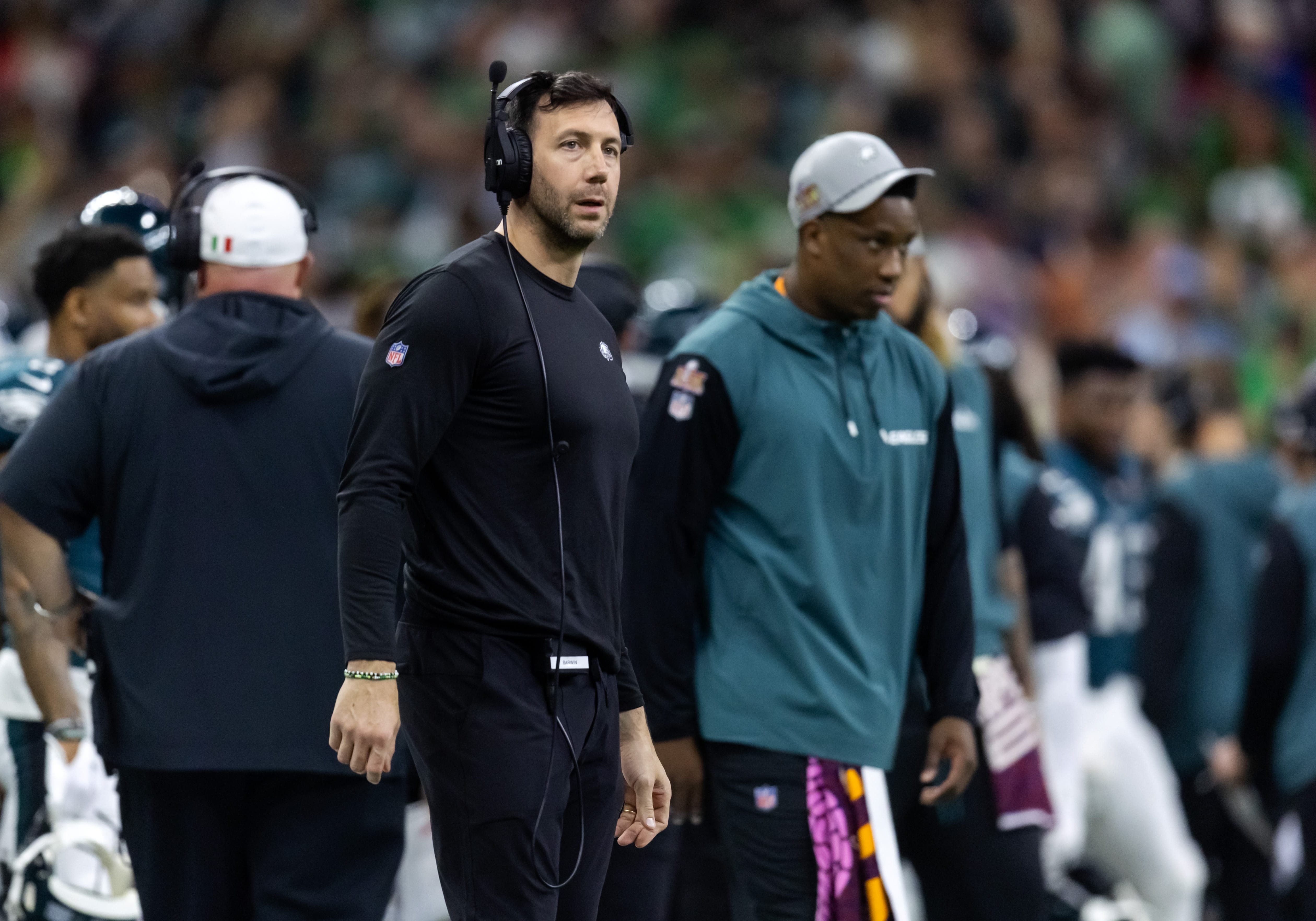 Eagles head of football development and strategy Connor Barwin against the Kansas City Chiefs during Super Bowl LIX at Ceasars Superdome. Mandatory Credit: Mark J. Rebilas-Imagn Images