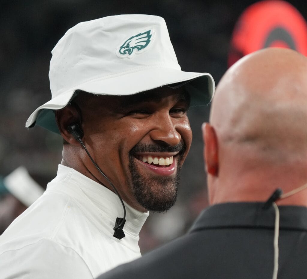 Eagles quarterback Jalen Hurts on the sidelines in the first half of the team's preseason finale against the New York Jets.