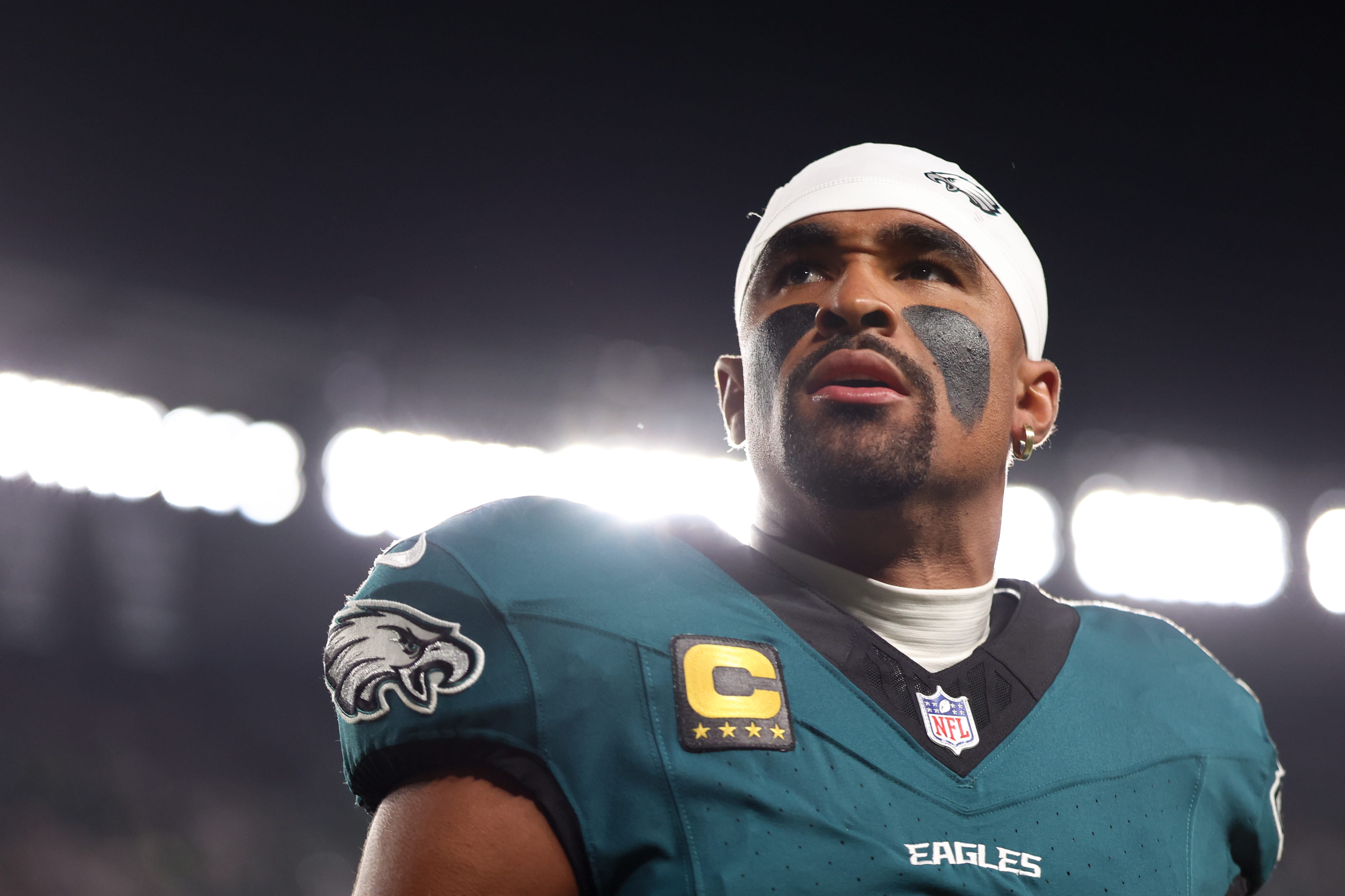 Eagles quarterback Jalen Hurts (1) looks on prior to the game against the Dallas Cowboys at Lincoln Financial Field. Mandatory Credit: Bill Streicher-Imagn Images