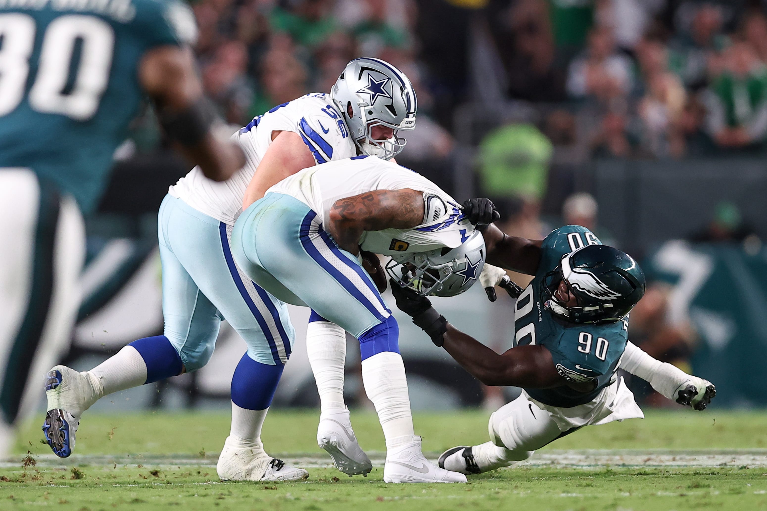 Jordan Davis pressures Dallas Cowboys quarterback during the second quarter of the Eagles' 24-20 win at Lincoln Financial Field. Mandatory Credit: Bill Streicher-Imagn Images