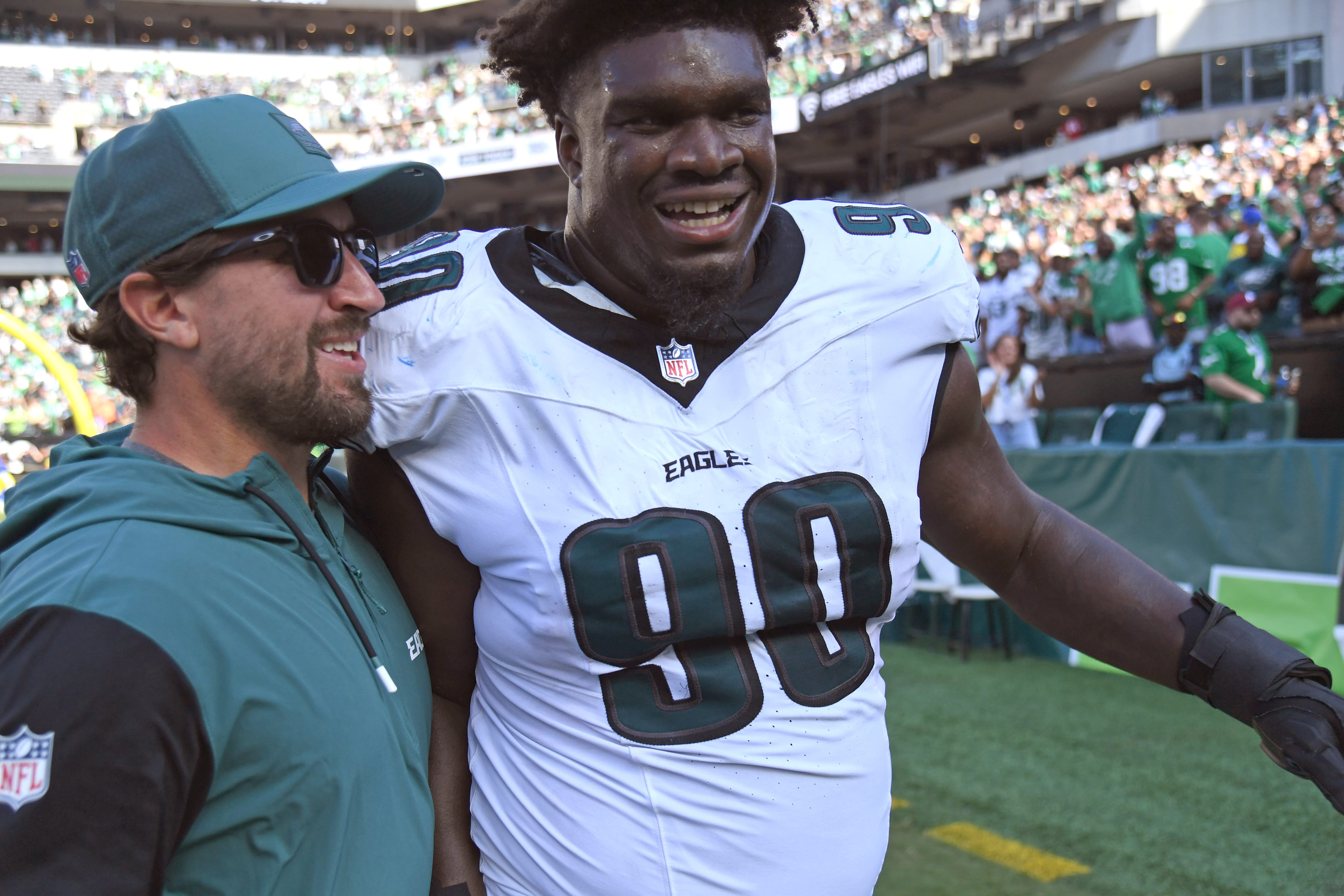 Eagles defensive tackle Jordan Davis (90) walks off the field after he blocked a field goal attempt and returned it for a touchdown on the final play of the game against the Los Angeles Rams at Lincoln Financial Field. Mandatory Credit: Eric Hartline-Imagn Images