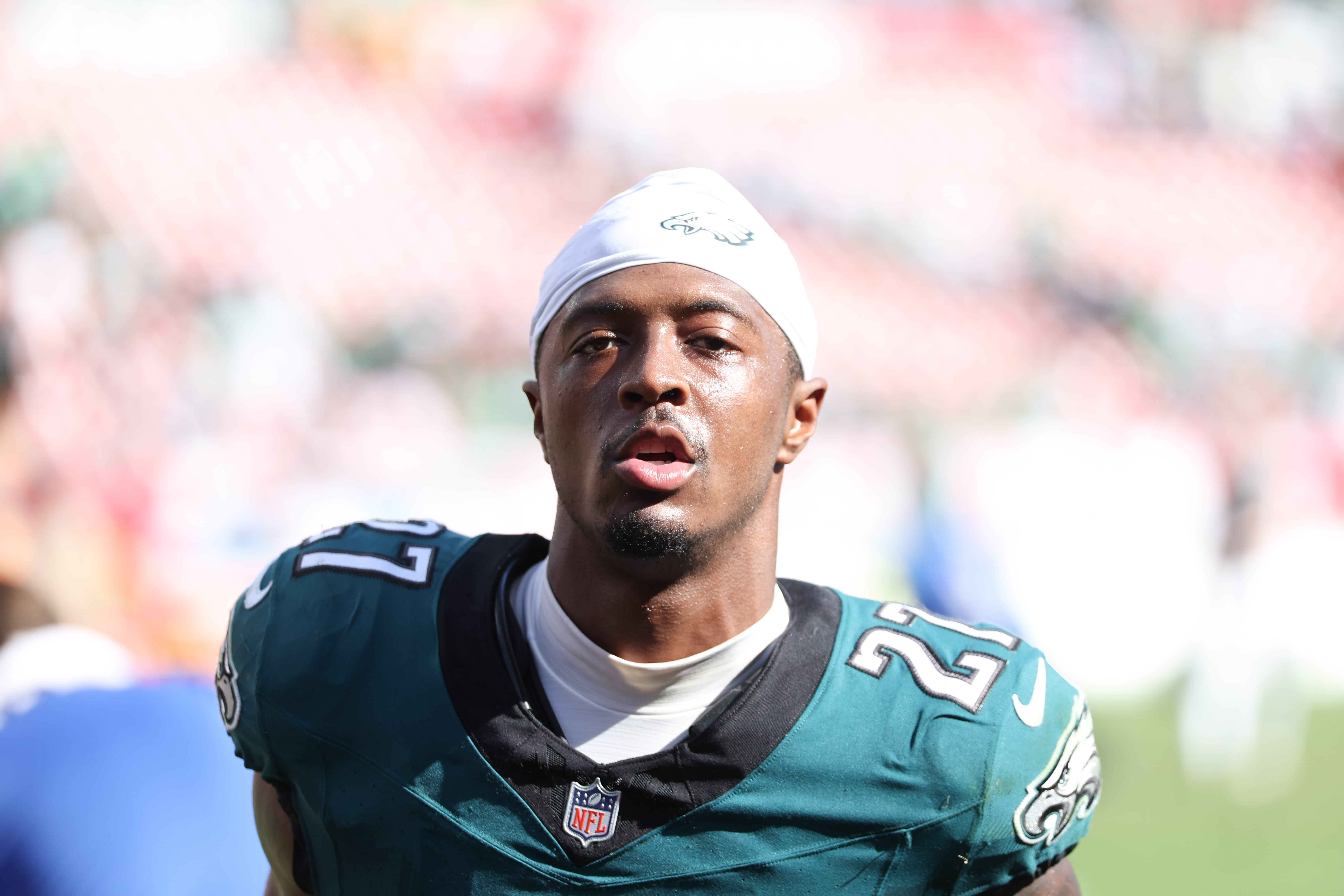 Eagles cornerback Quinyon Mitchell (27) looks on after the game against the Tampa Bay Buccaneers at Raymond James Stadium. Mandatory Credit: Nathan Ray Seebeck-Imagn Images