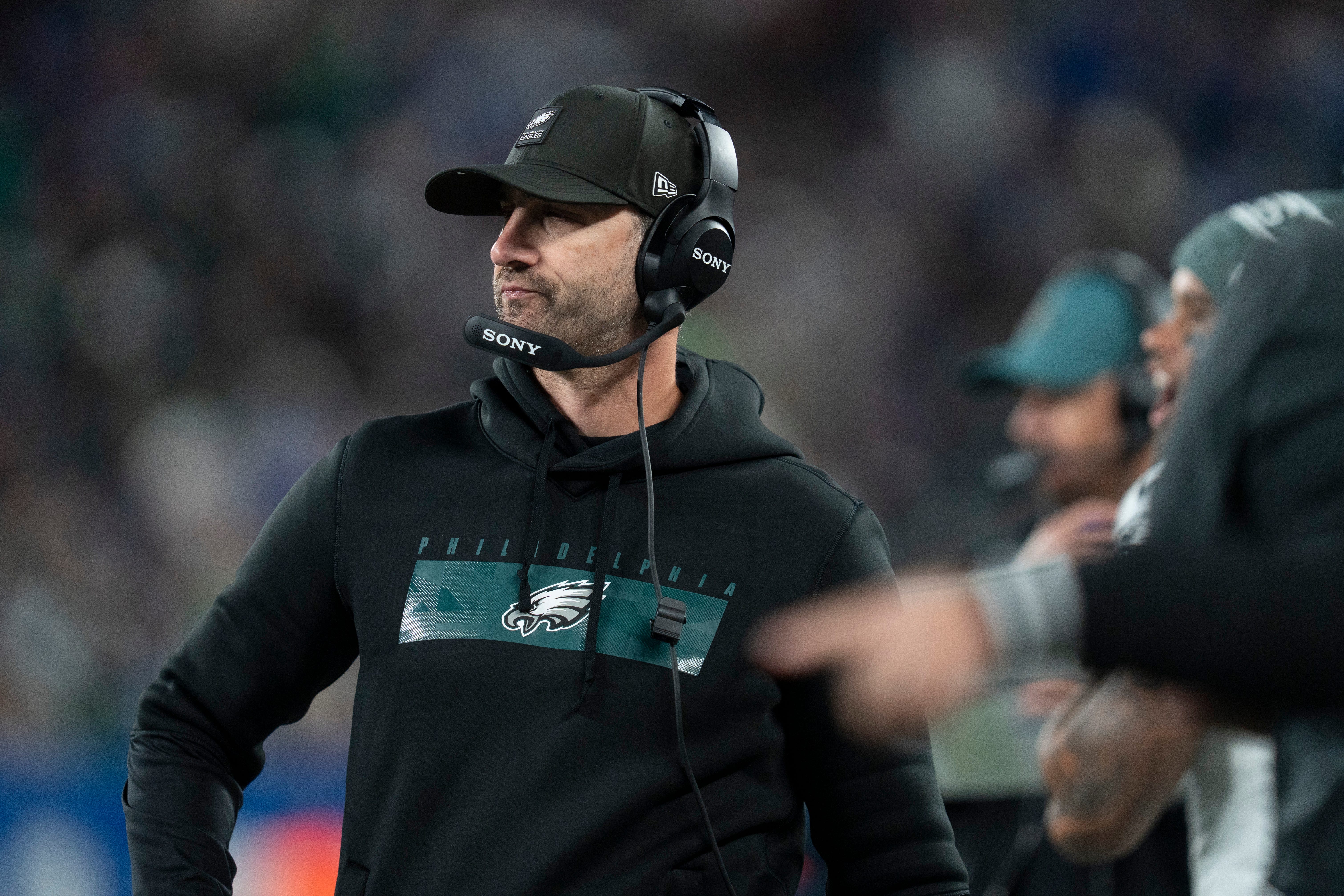 Eagles head coach Nick Sirianni coaches from the sidelines during a Thursday Night Football game between the New York Giants and the Philadelphia Eagles at MetLife Stadium in East Rutherford on Oct. 9, 2025.