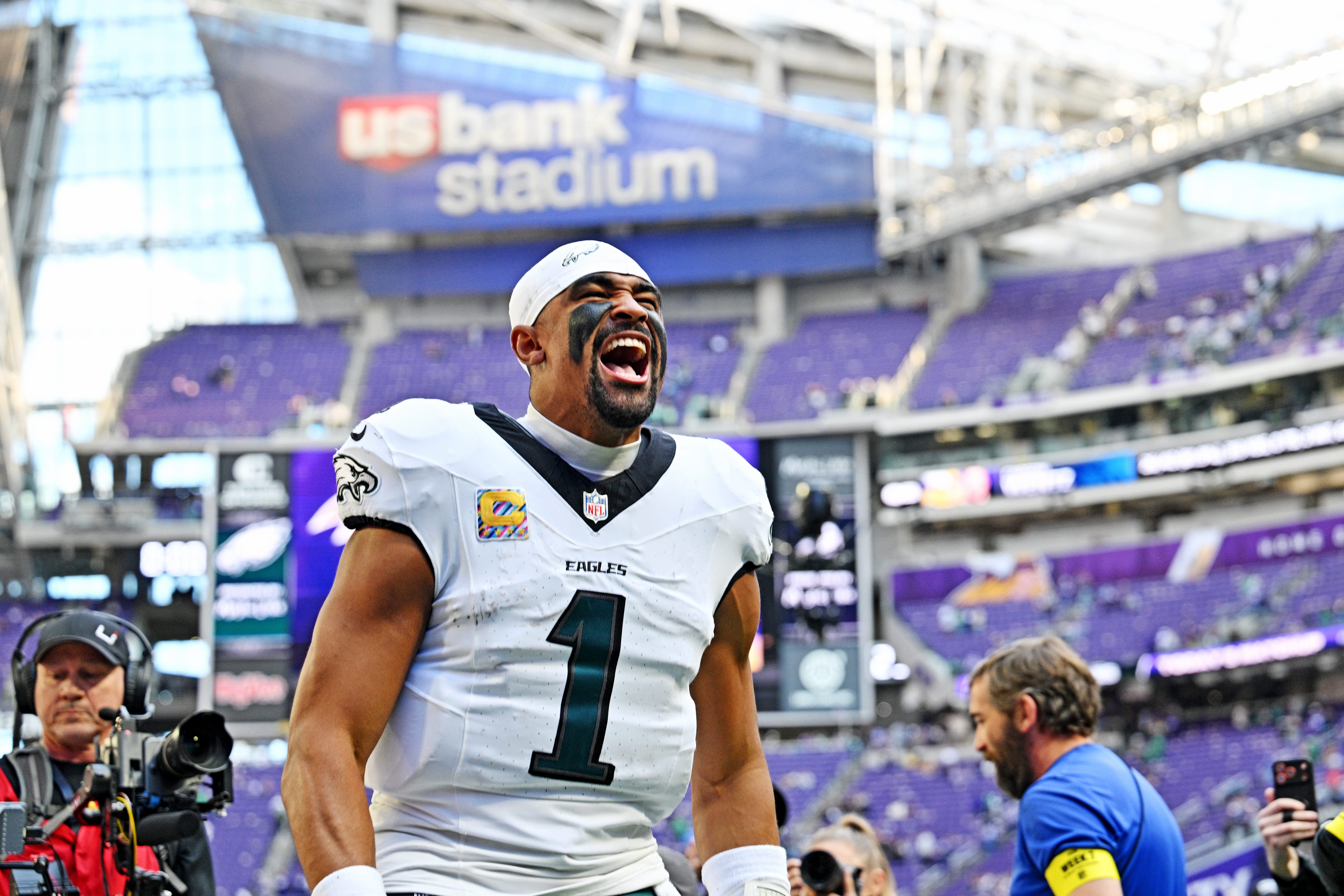 Eagles quarterback Jalen Hurts (1) celebrates after the win against the Minnesota Vikings at U.S. Bank Stadium. Mandatory Credit: Jeffrey Becker-Imagn Images