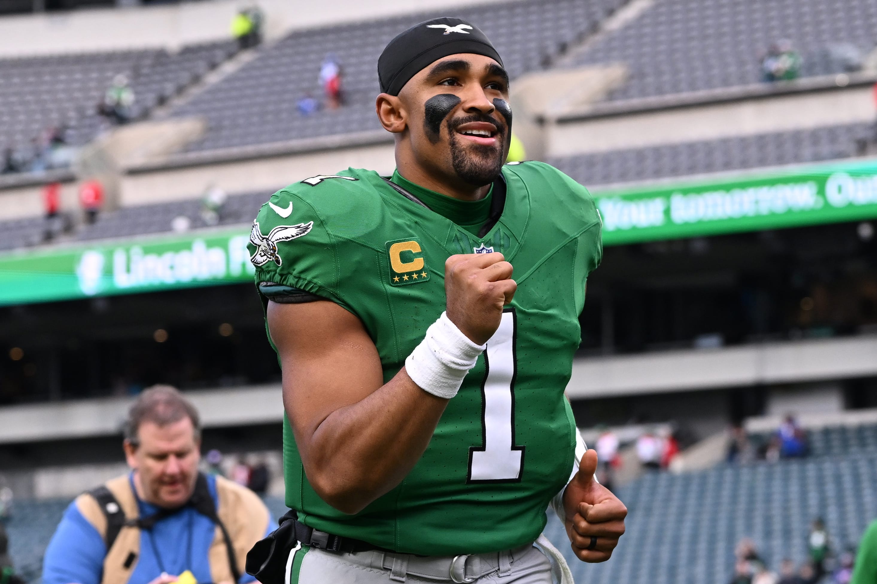Eagles quarterback Jalen Hurts (1) reacts after the game against the New York Giants at Lincoln Financial Field. Mandatory Credit: Eric Hartline-Imagn Images