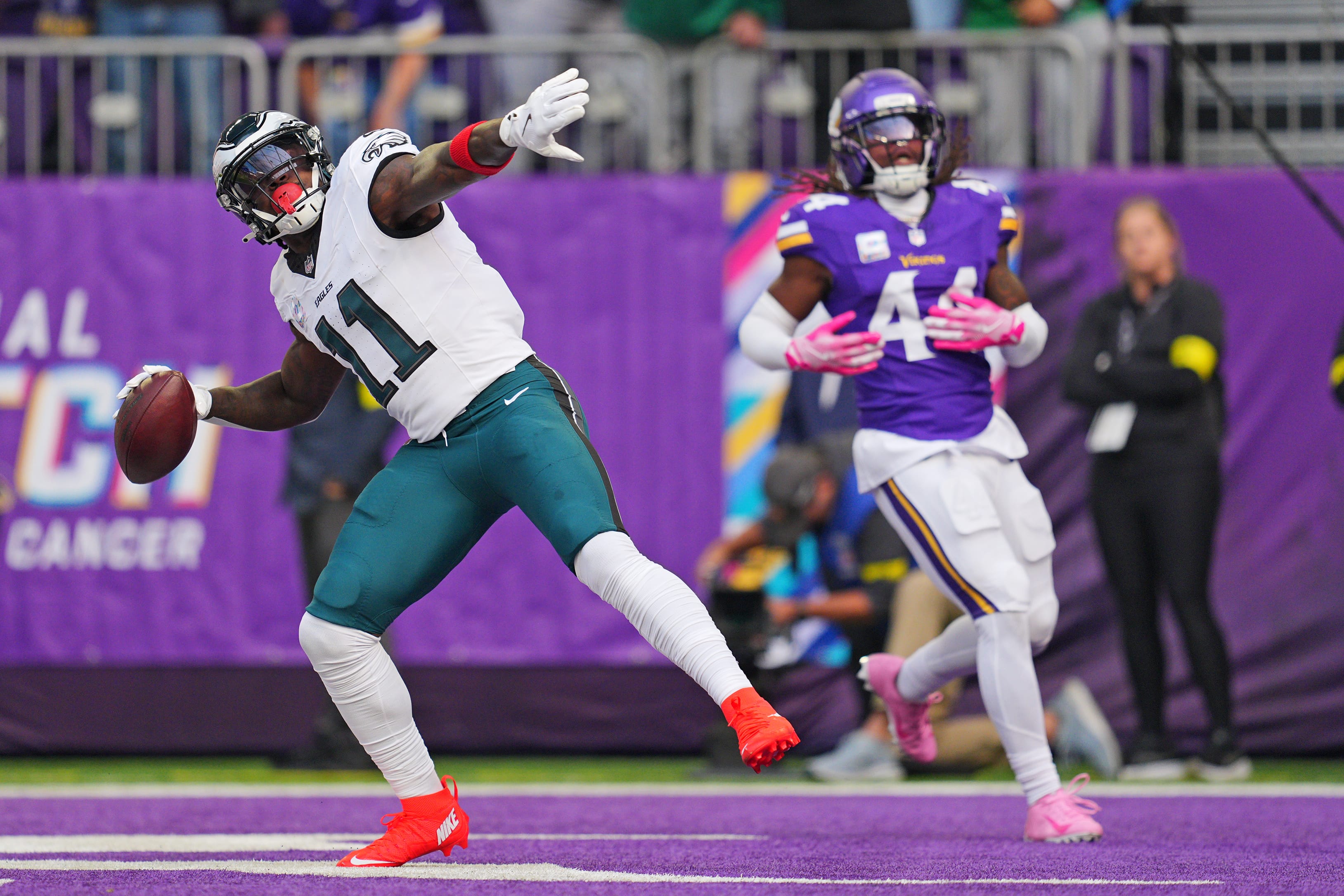 Eagles wide receiver A.J. Brown (11) catches a pass for a touchdown during the first half against the Minnesota Vikings at U.S. Bank Stadium. Mandatory Credit: Brad Rempel-Imagn Images