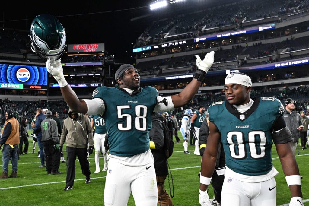 Eagles linebacker Jalyx Hunt (58) reacts after the game against the Detroit Lions at Lincoln Financial Field. Mandatory Credit: Eric Hartline-Imagn Images