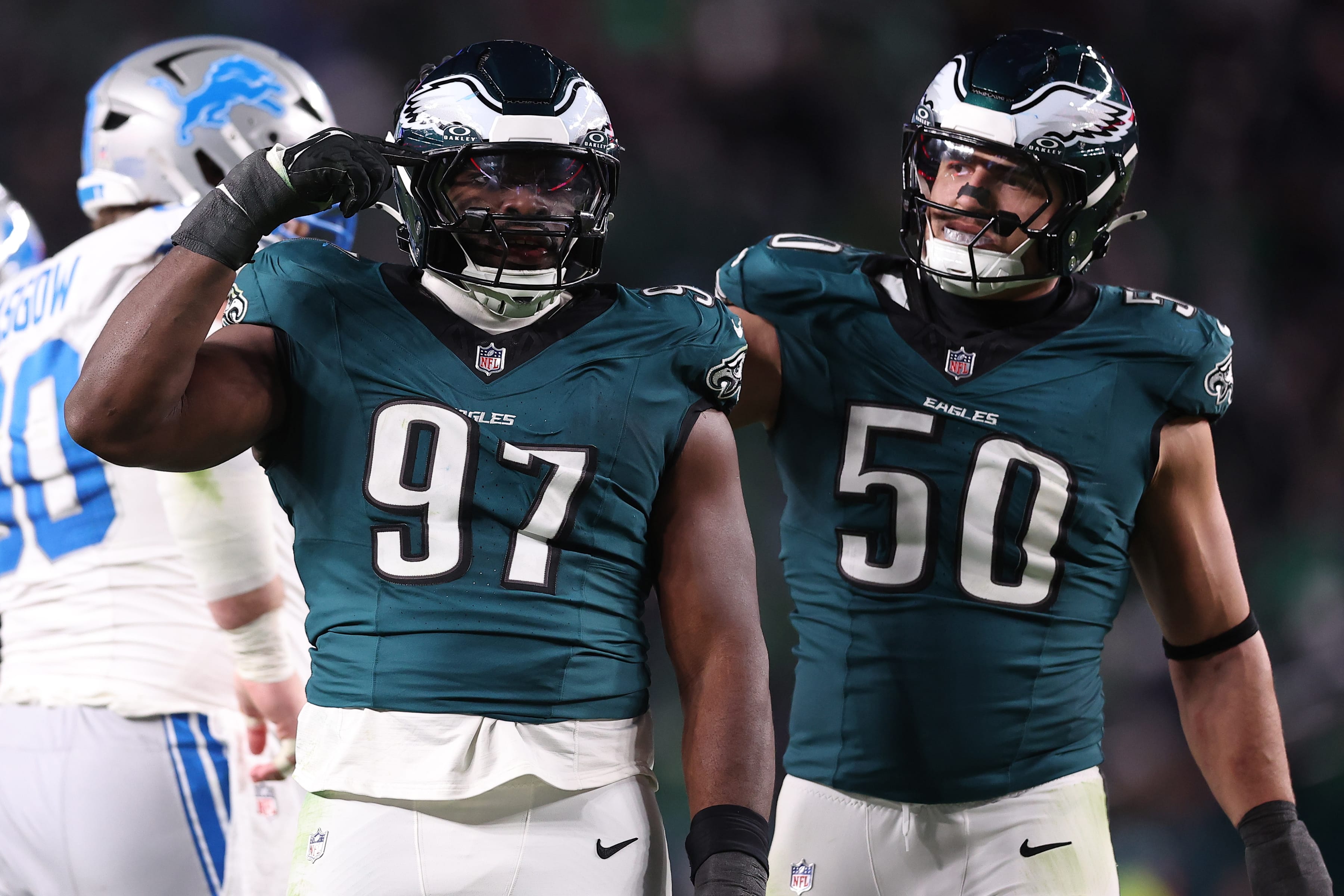 Eagles defensive tackle Moro Ojomo (97) reacts against the Detroit Lions during the second half at Lincoln Financial Field. Mandatory Credit: Bill Streicher-Imagn Images