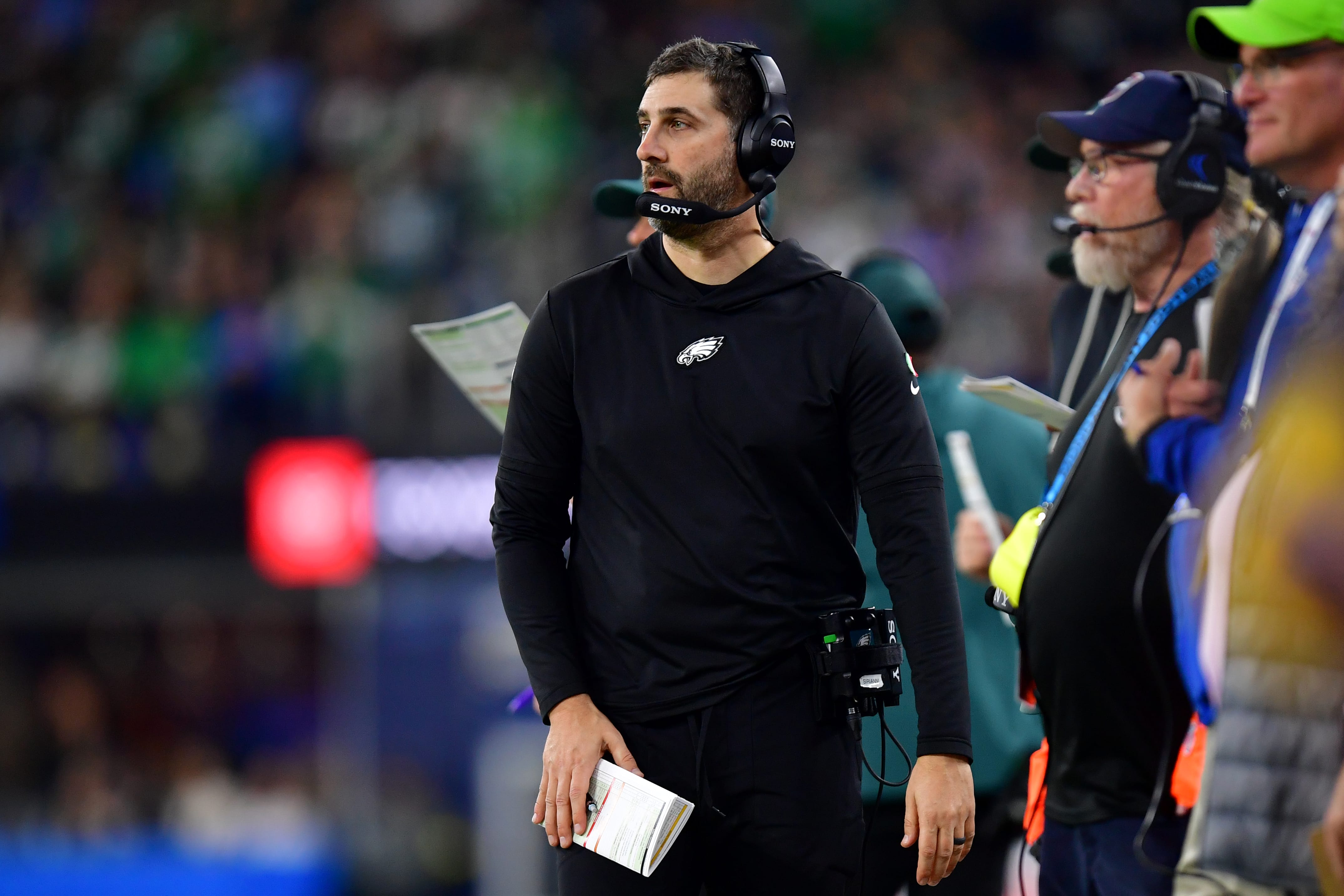 Eagles head coach Nick Sirianni looks on in the first half against the Los Angeles Chargers at SoFi Stadium. Mandatory Credit: Gary A. Vasquez-Imagn Images