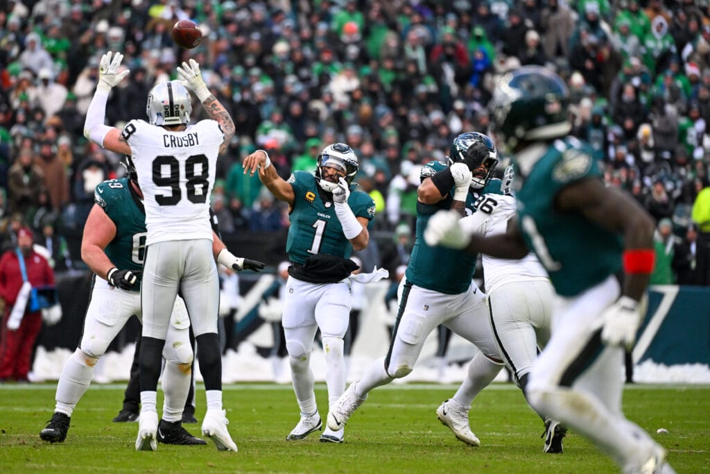 Eagles quarterback Jalen Hurts (1) throws the ball for a pass during the third quarter against the Las Vegas Raiders at Lincoln Financial Field. Mandatory Credit: Eric Hartline-Imagn Images