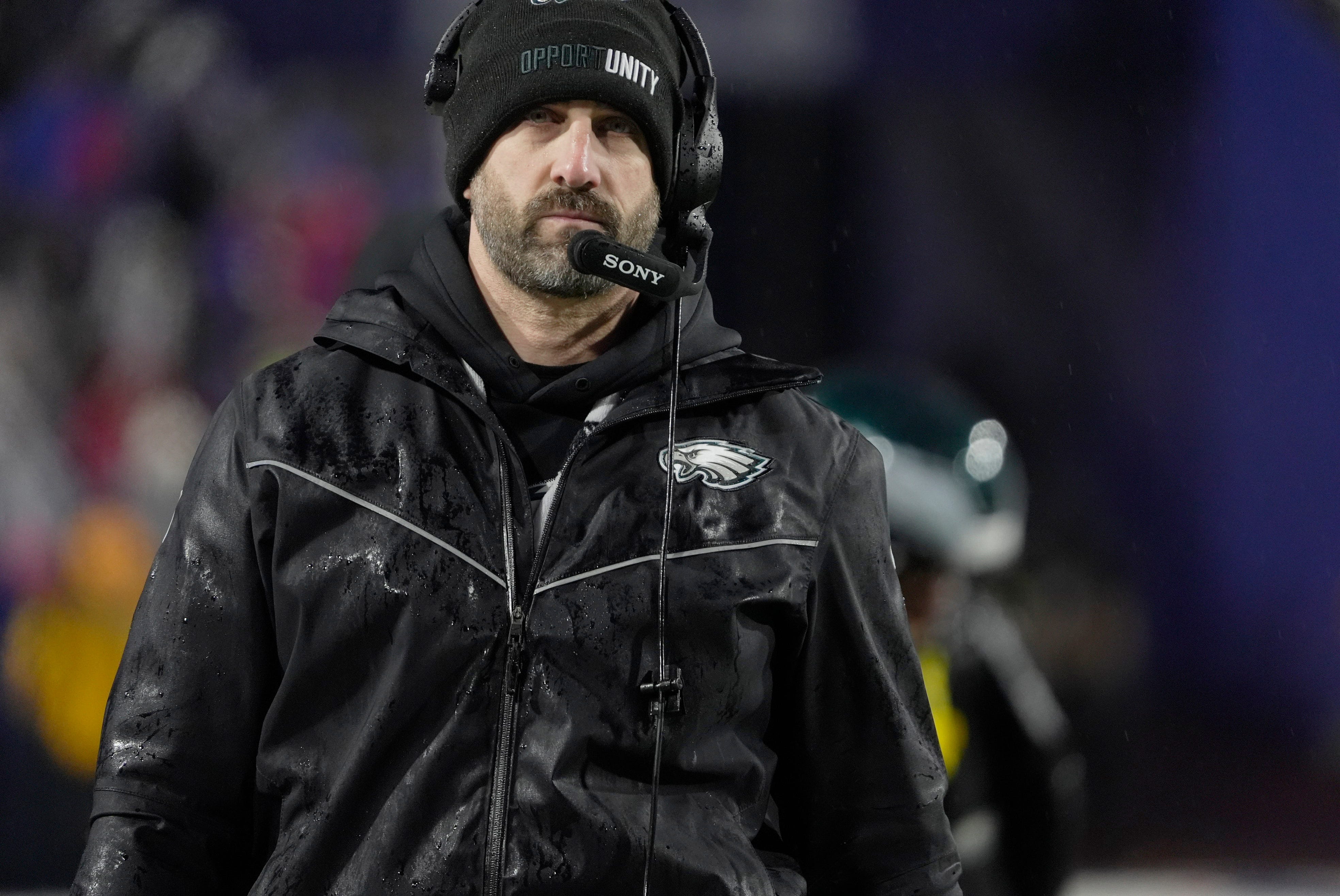 Eagles head coach Nick Sirianni paces the sideline during first half action against the Philadelphia Eagles at Highmark Stadium in Orchard Park on Dec. 28, 2025.