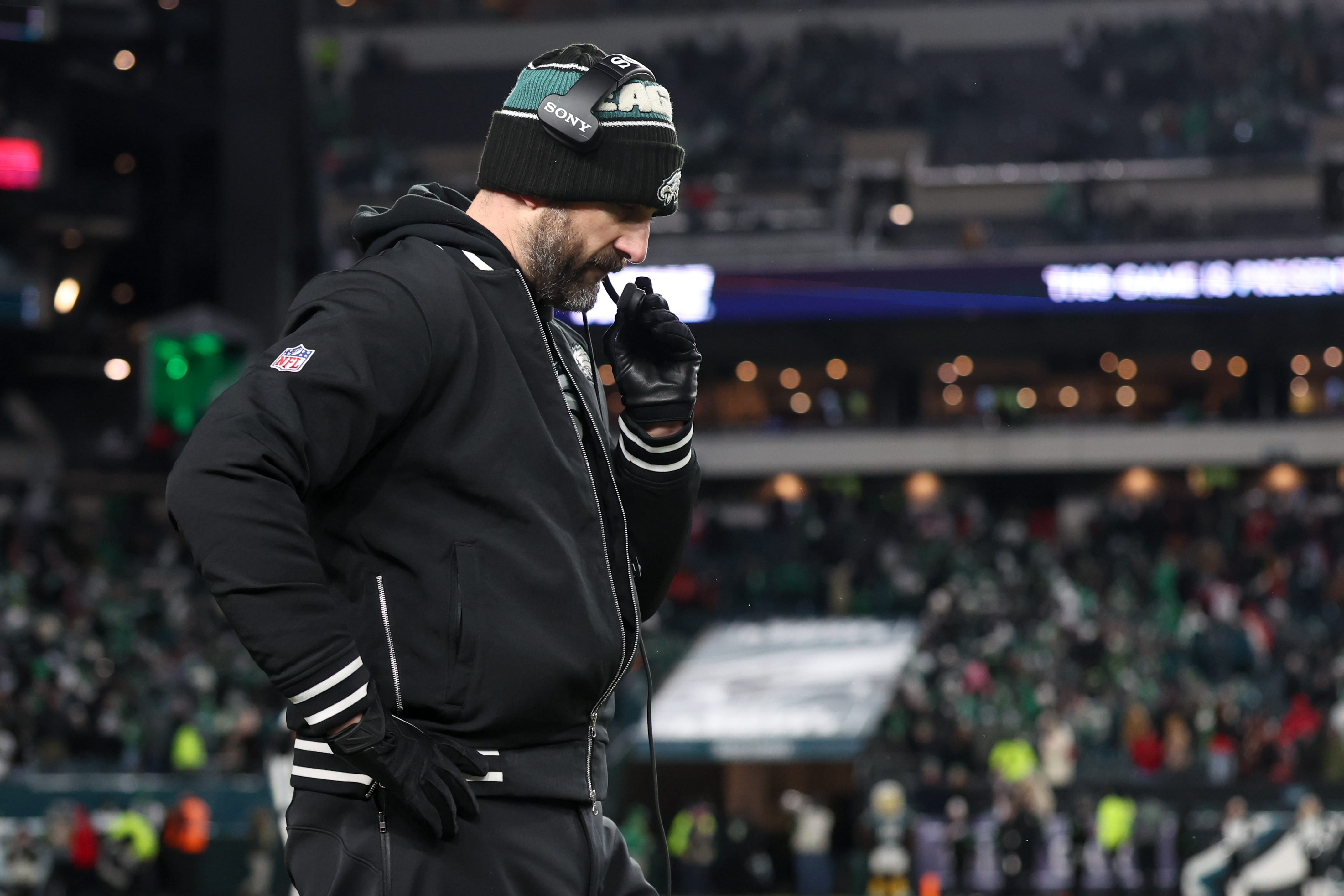 Eagles head coach Nick Sirianni looks on during the fourth quarter against the San Francisco 49ers in an NFC Wild Card Round game at Lincoln Financial Field. Mandatory Credit: Bill Streicher-Imagn Images