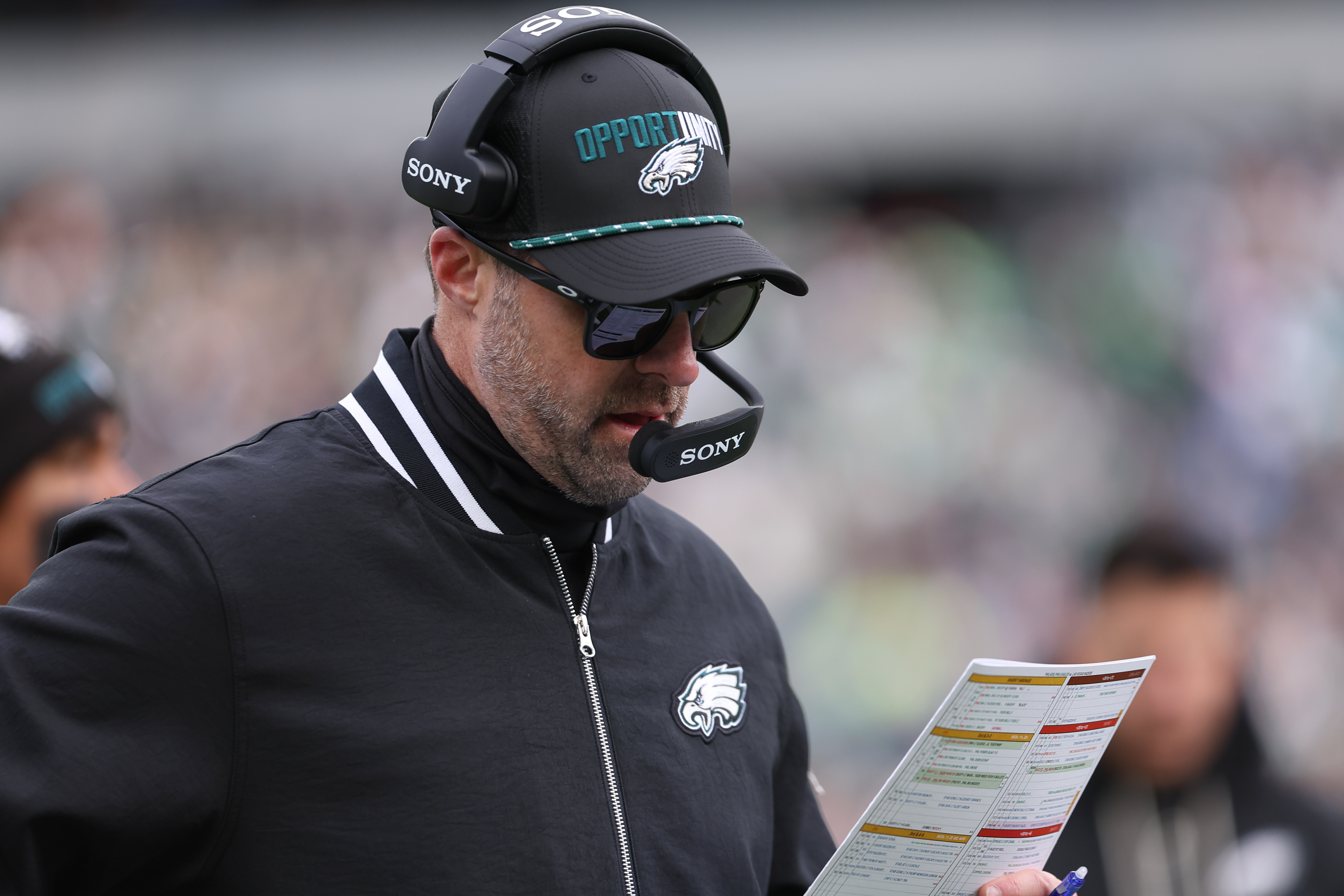 Eagles offensive coordinator Kevin Patullo during the first quarter against the Las Vegas Raiders at Lincoln Financial Field. Mandatory Credit: Bill Streicher-Imagn Images