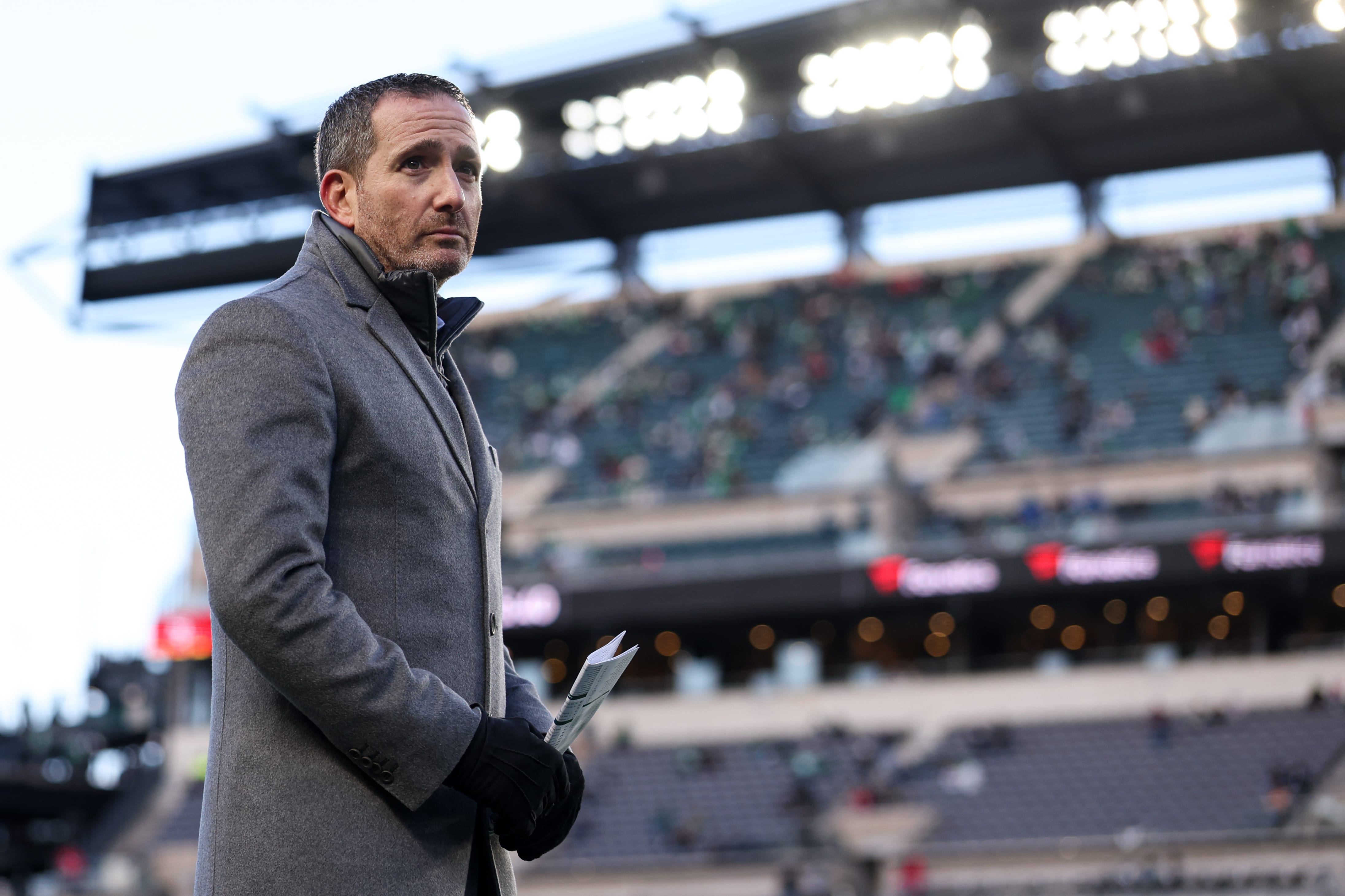 Eagles general manager Howie Roseman looks on during warmups prior to an NFC Wild Card Round game against the San Francisco 49ers at Lincoln Financial Field. Mandatory Credit: Bill Streicher-Imagn Images