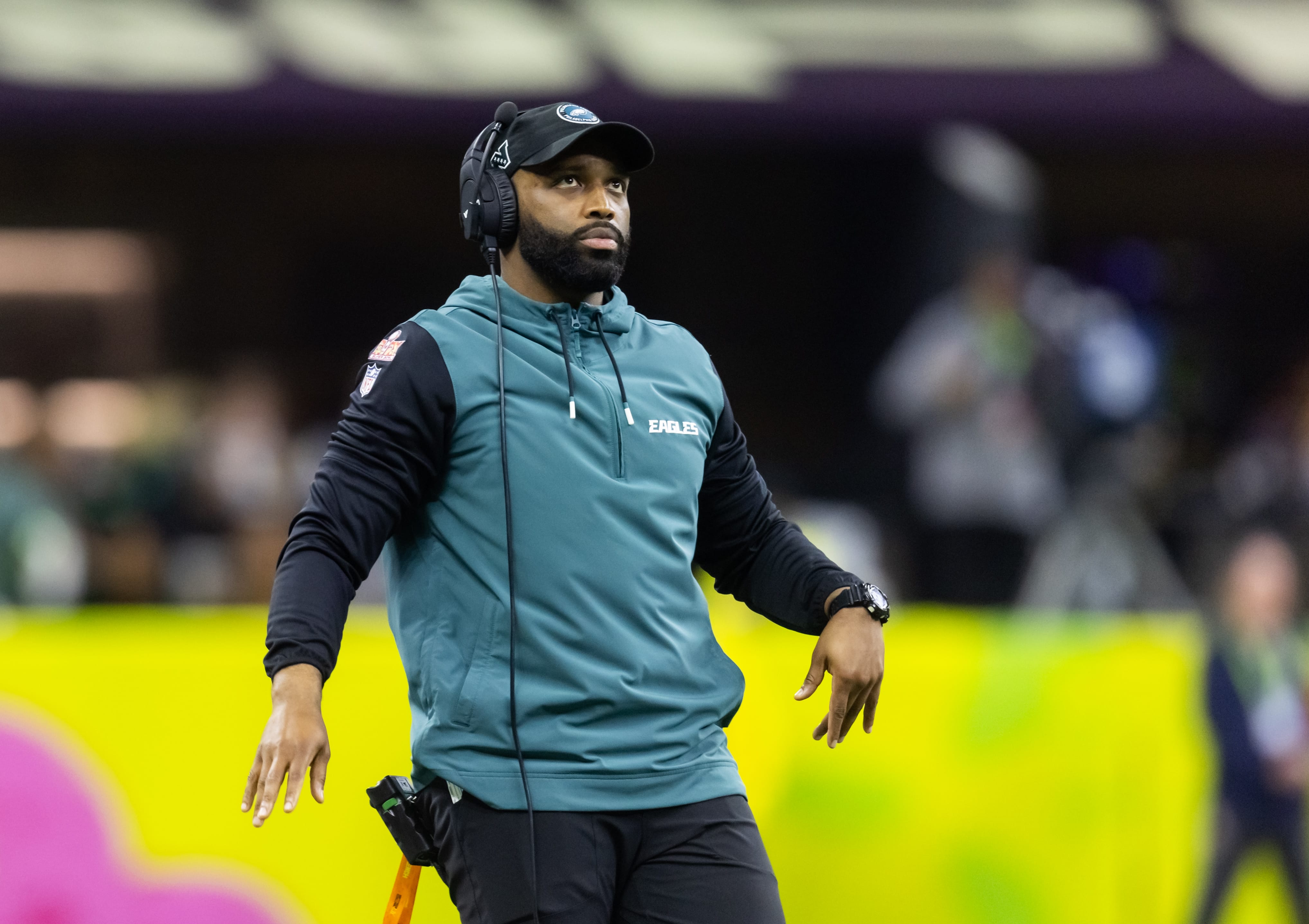 Eagles special teams coordinator Michael Clay against the Kansas City Chiefs during Super Bowl LIX at Ceasars Superdome. Mandatory Credit: Mark J. Rebilas-Imagn Images
