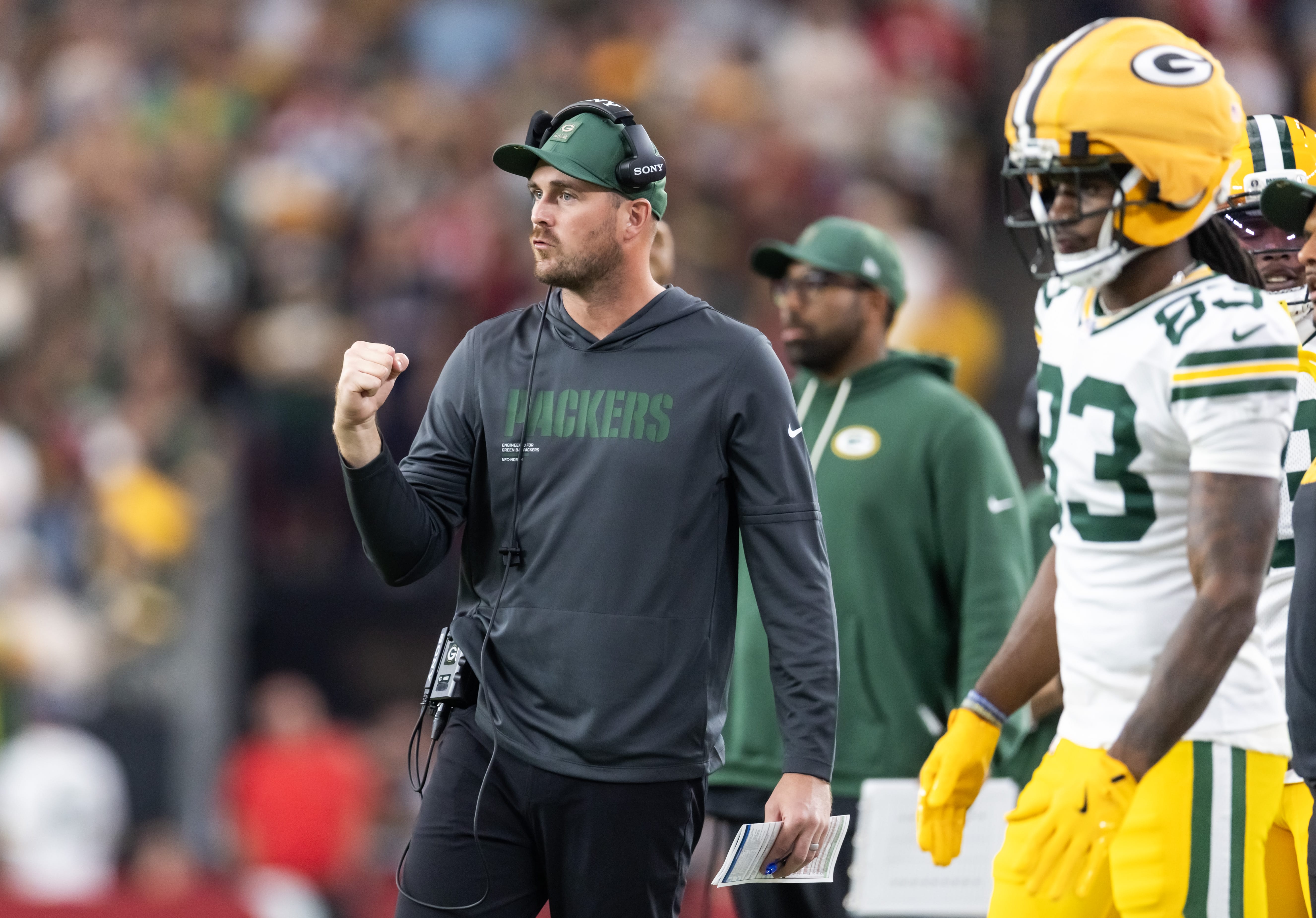 Green Bay Packers quarterbacks coach Sean Mannion against the Arizona Cardinals at State Farm Stadium. Mandatory Credit: Mark J. Rebilas-Imagn Images