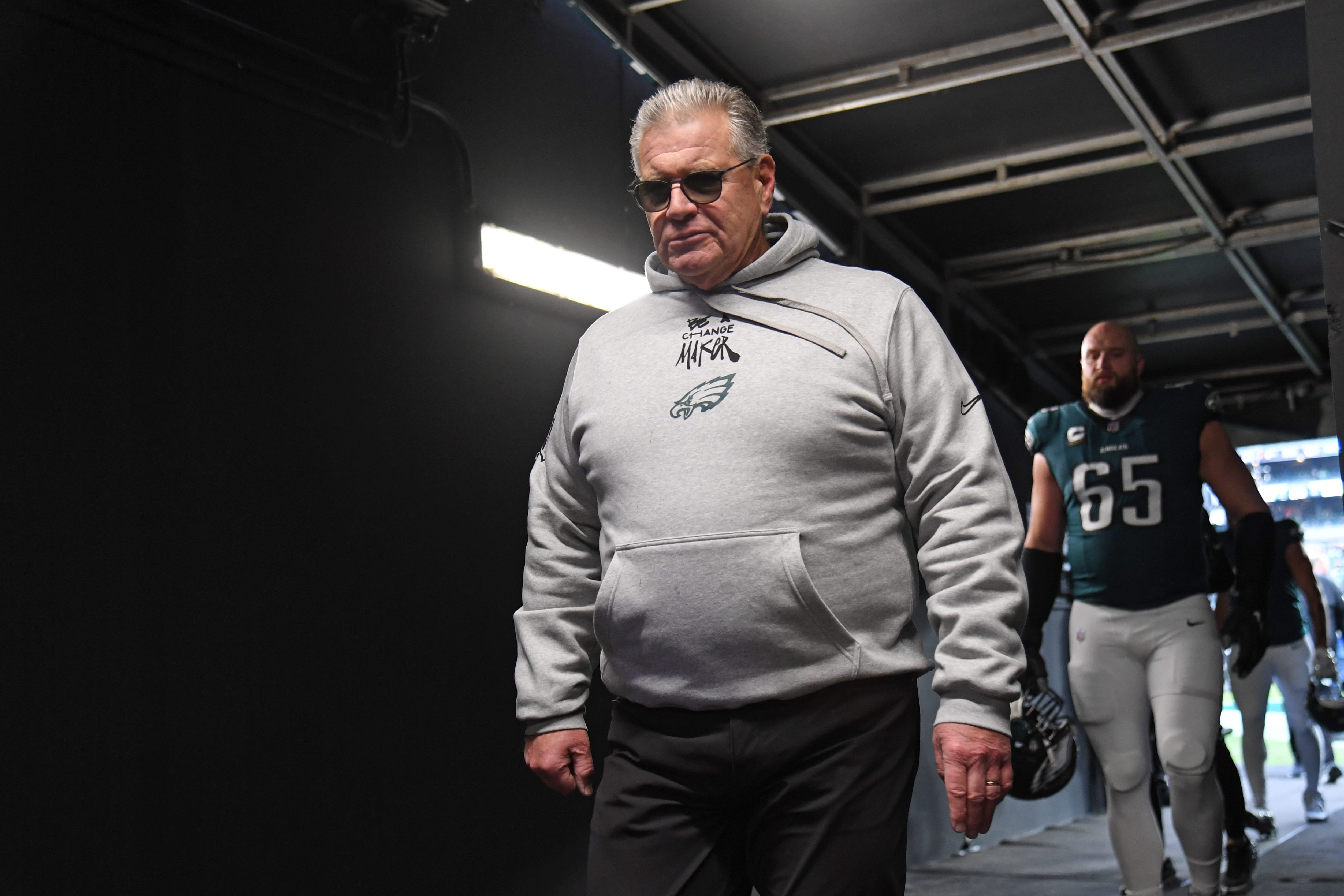Eagles offensive line coach Jeff Stoutland in the tunnel against the Pittsburgh Steelers at Lincoln Financial Field. Mandatory Credit: Eric Hartline-Imagn Images