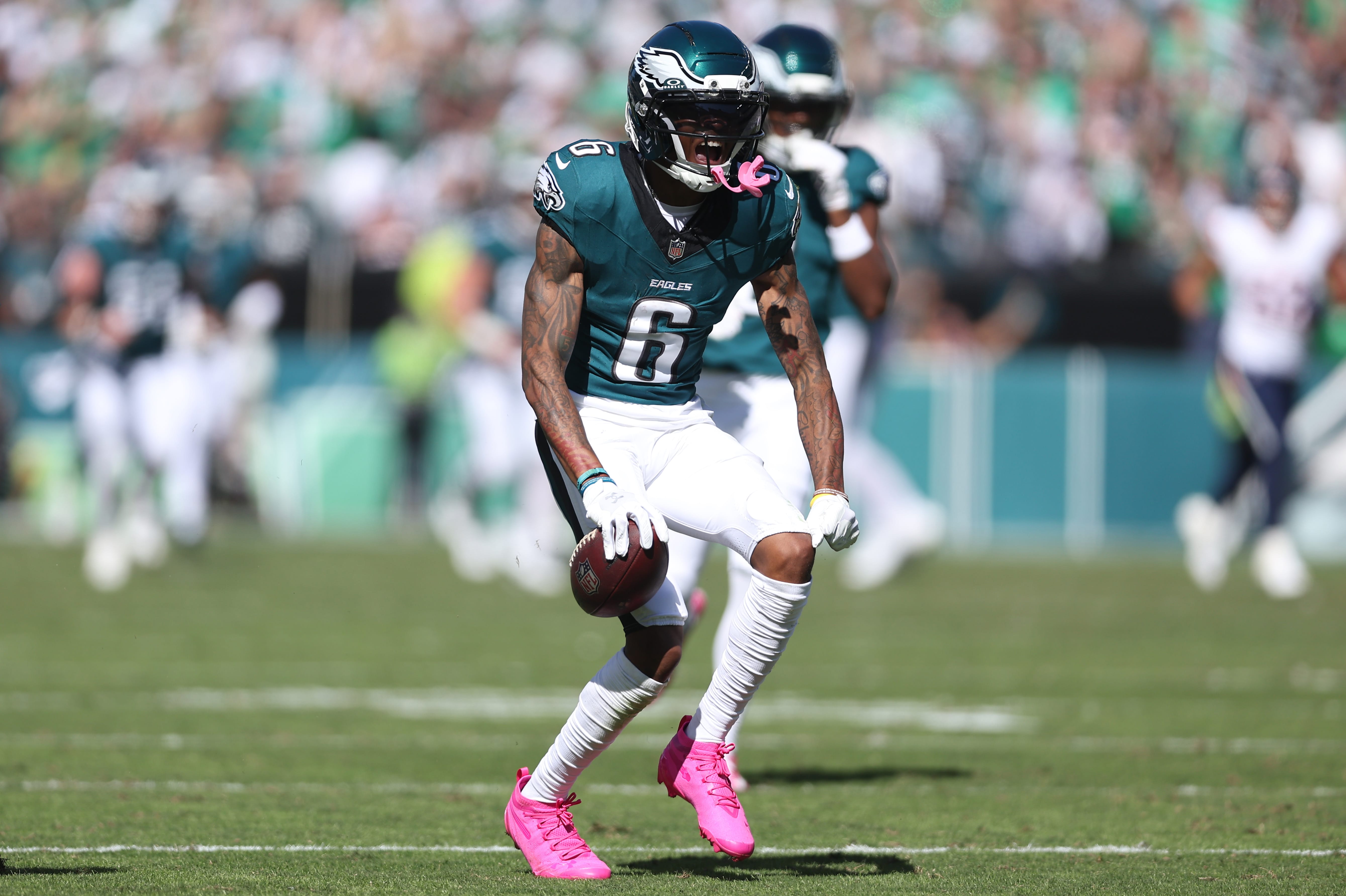 Eagles wide receiver Devonta Smith (6) celebrates after a catch against the Denver Broncos in the second quarter at Lincoln Financial Field. Mandatory Credit: Bill Streicher-Imagn Images