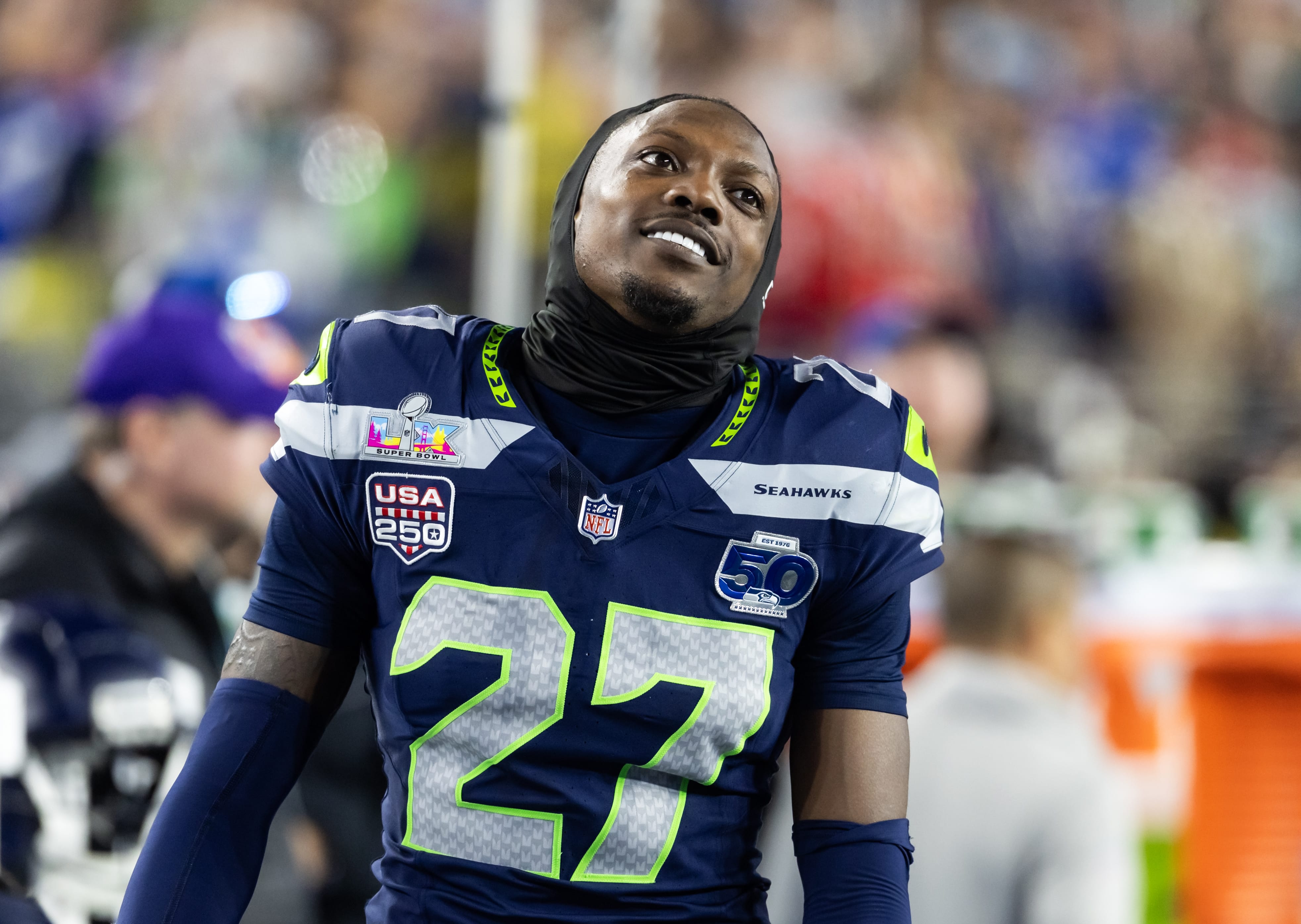 Seahawks cornerback Riq Woolen (27) against the New England Patriots during Super Bowl LX at Levi's Stadium. Mandatory Credit: Mark J. Rebilas-Imagn Images