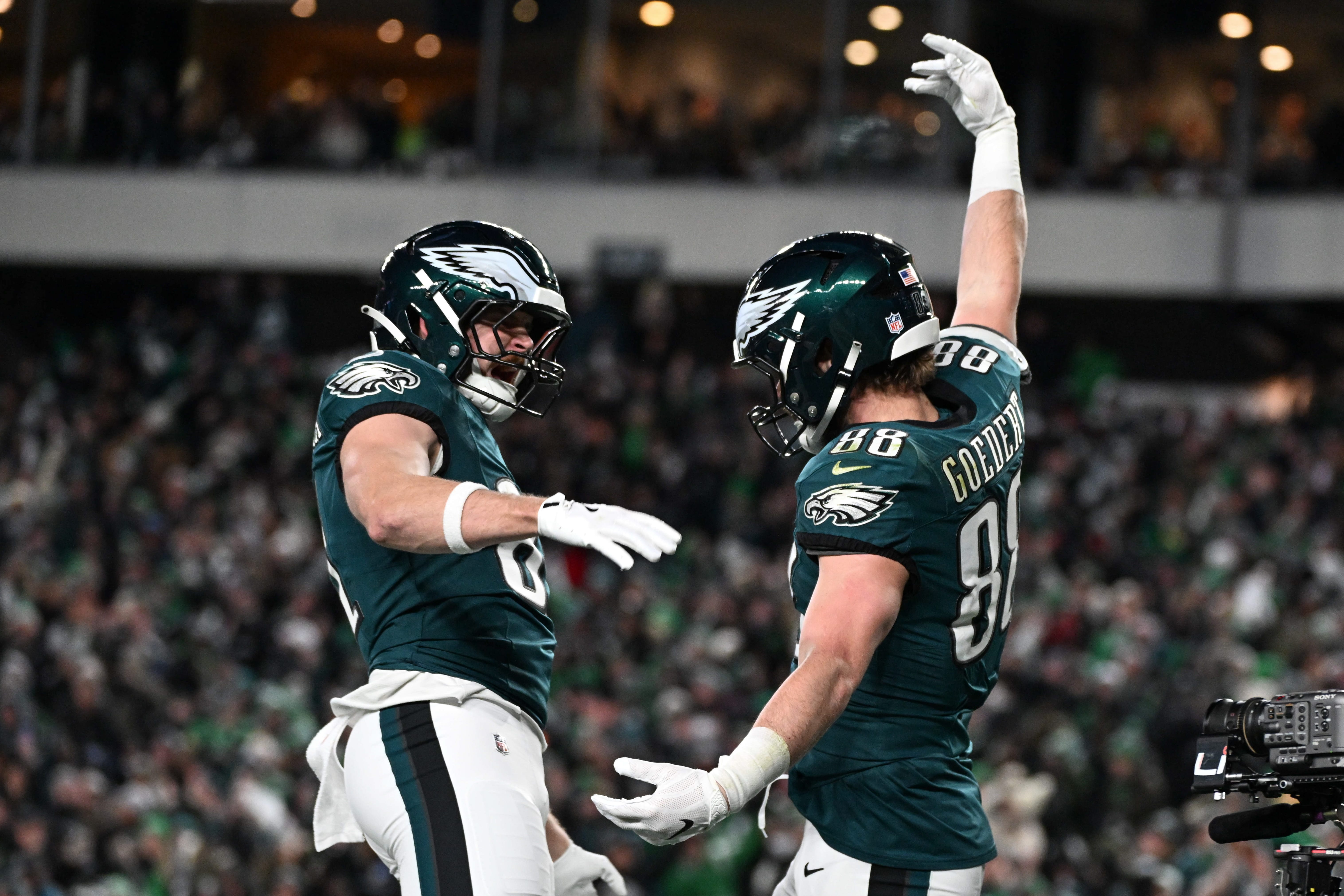 Eagles tight end Dallas Goedert (88) celebrates after scoring a touchdown against the San Francisco 49ers with tight end Grant Calcaterra (81) during the second quarter in an NFC Wild Card Round game at Lincoln Financial Field. Mandatory Credit: Eric Hartline-Imagn Images