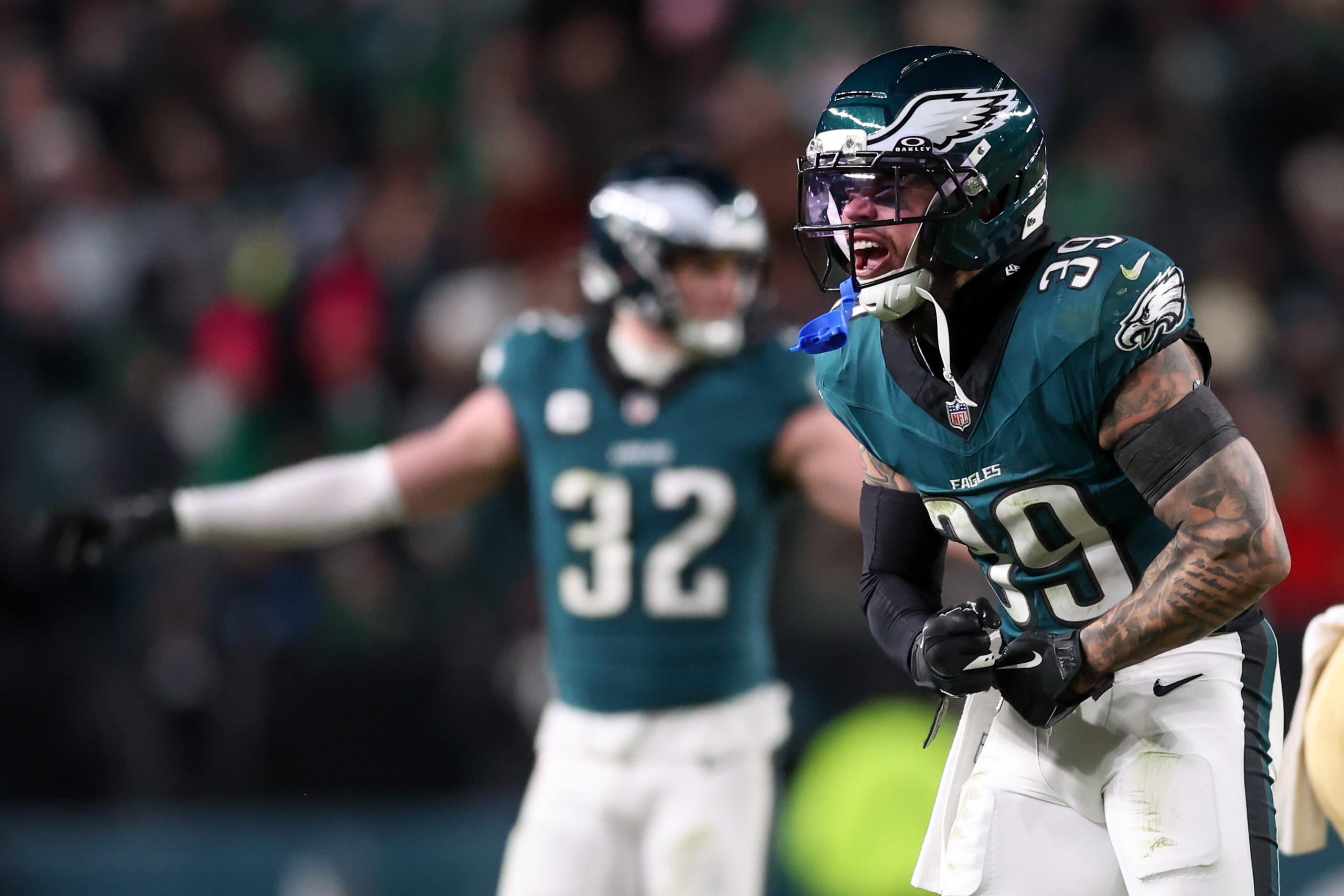 Eagles safety Marcus Epps (39) reacts after a play against the San Francisco 49ers during the third quarter in an NFC Wild Card Round game at Lincoln Financial Field. Mandatory Credit: Bill Streicher-Imagn Images