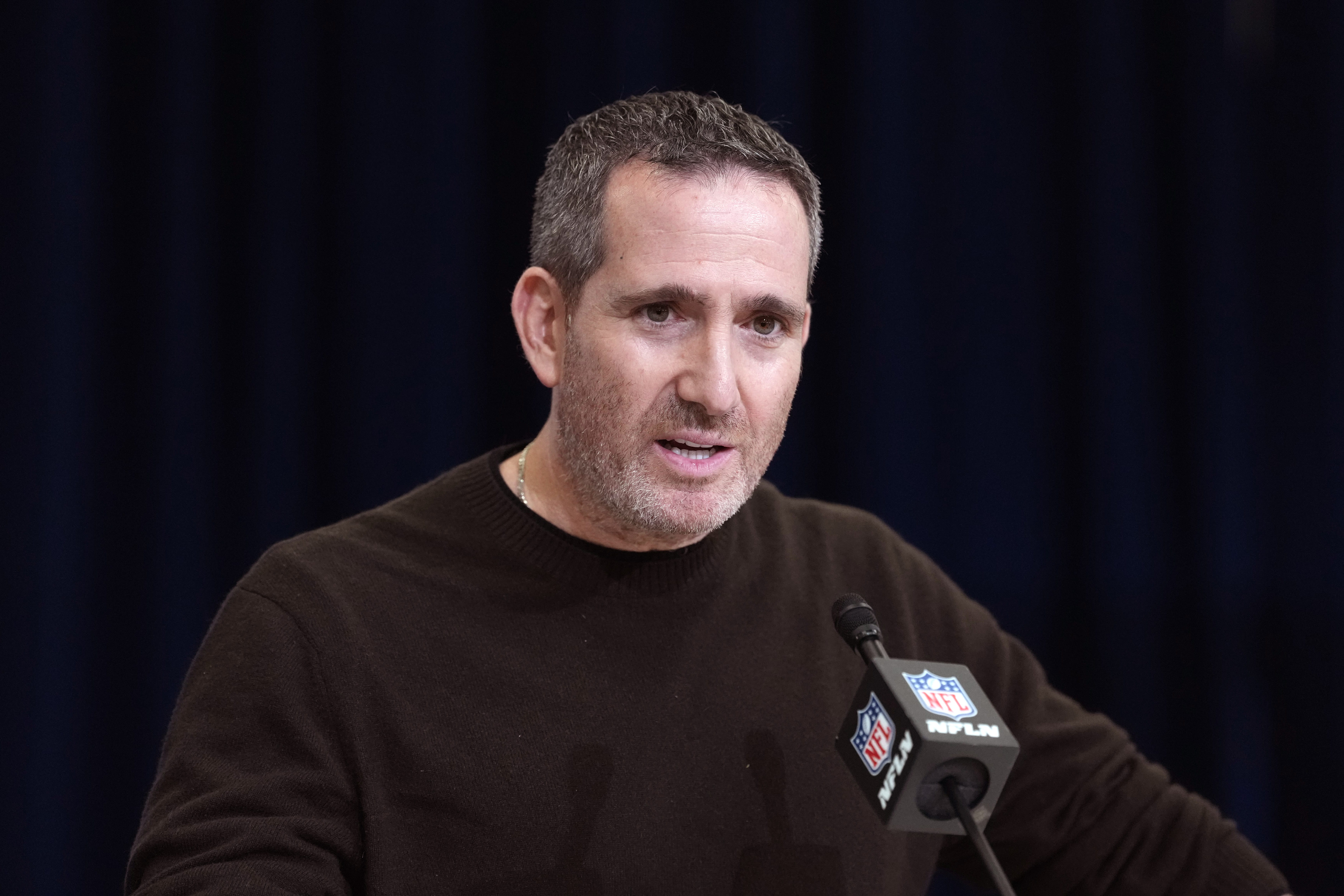 Eagles general manager Howie Roseman speaks at the NFL Scouting Combine at the Indiana Convention Center. Mandatory Credit: Kirby Lee-Imagn Images