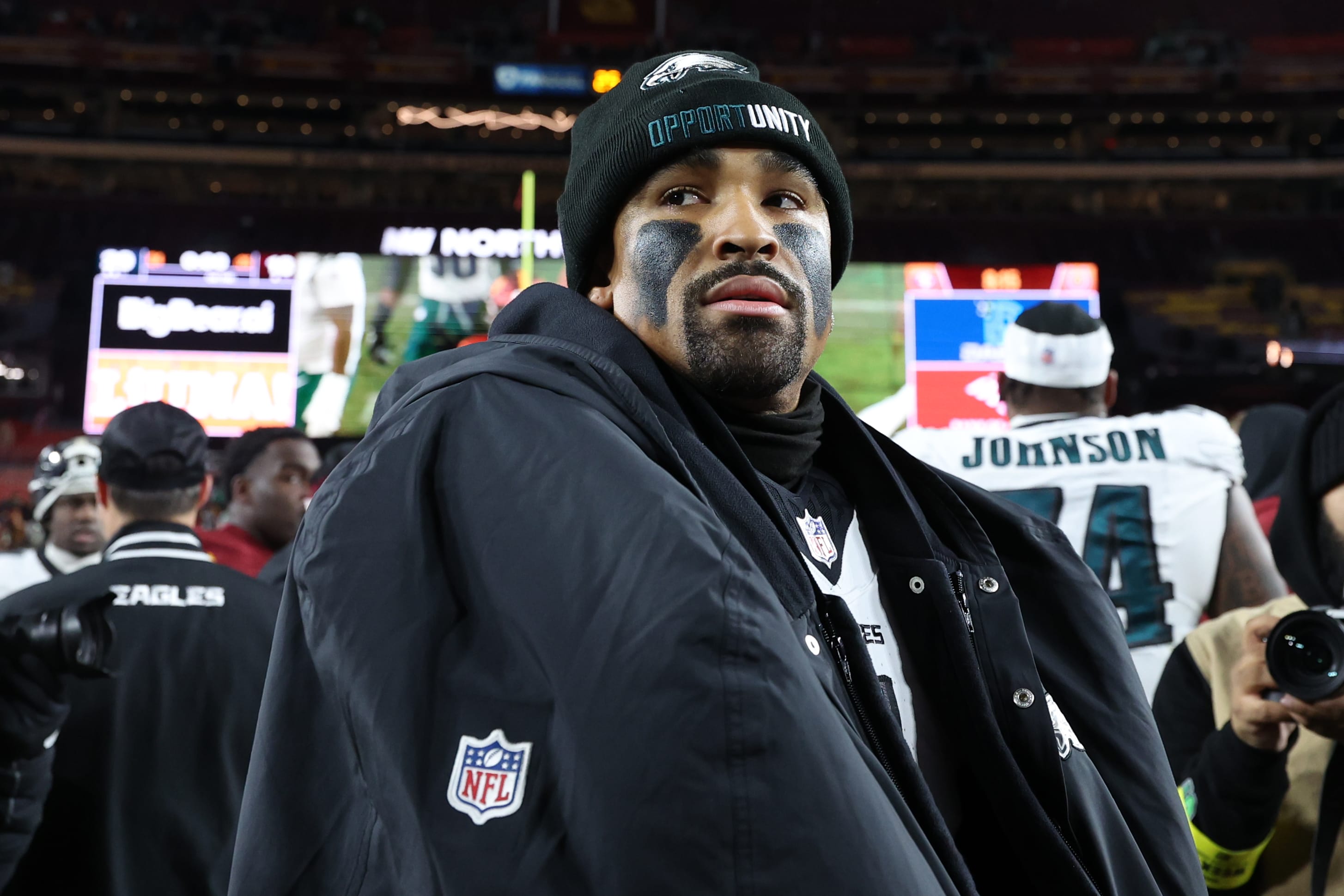 Philadelphia Eagles quarterback Jalen Hurts (1) looks on after defeating the Washington Commanders at Northwest Stadium. Mandatory Credit: Geoff Burke-Imagn Images