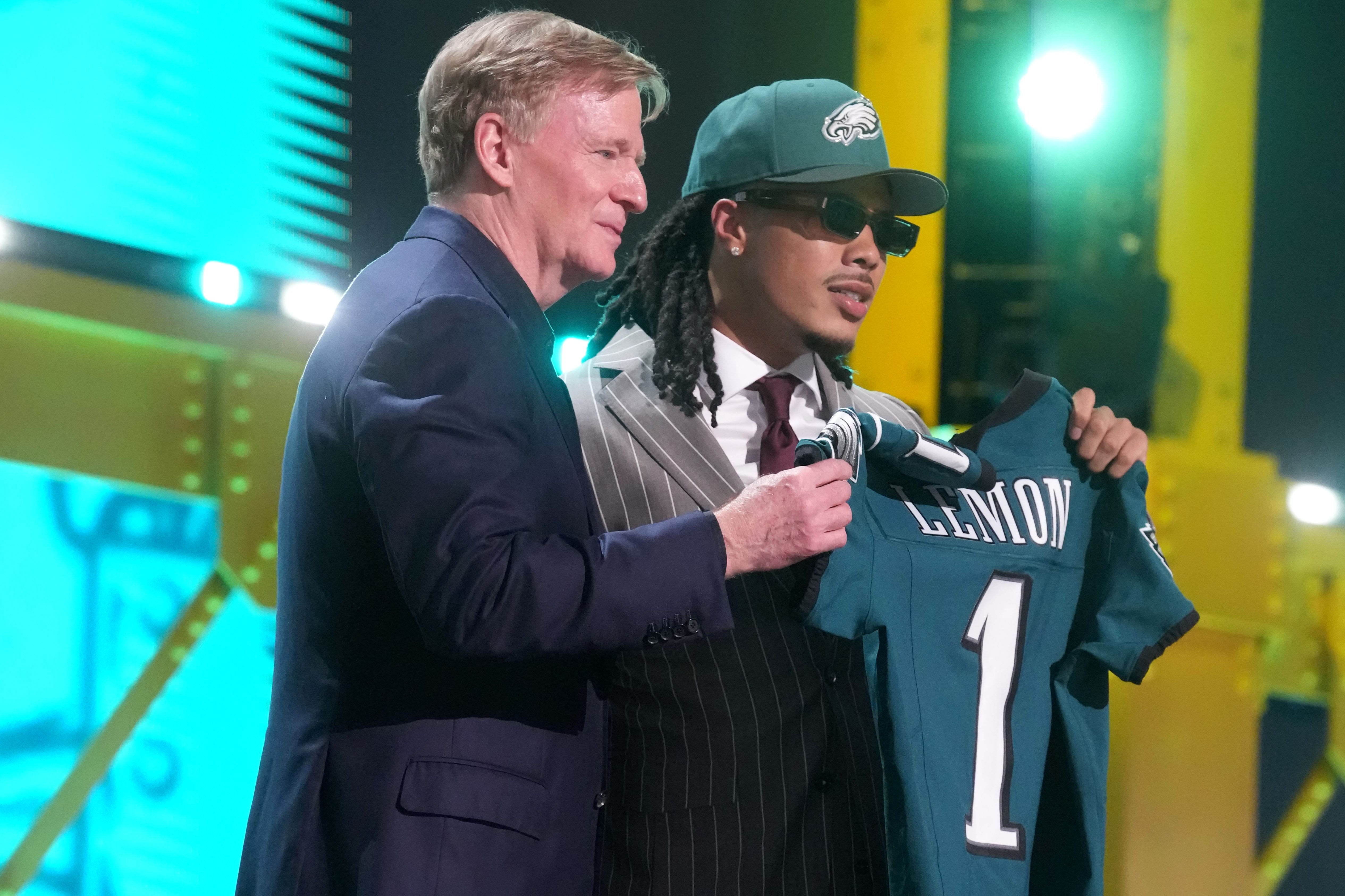 USC receiver Makai Lemon is selected by the Philadelphia Eagles as the number 20 pick during the 2026 NFL Draft at Acrisure Stadium. Mandatory Credit: Kirby Lee-Imagn Images