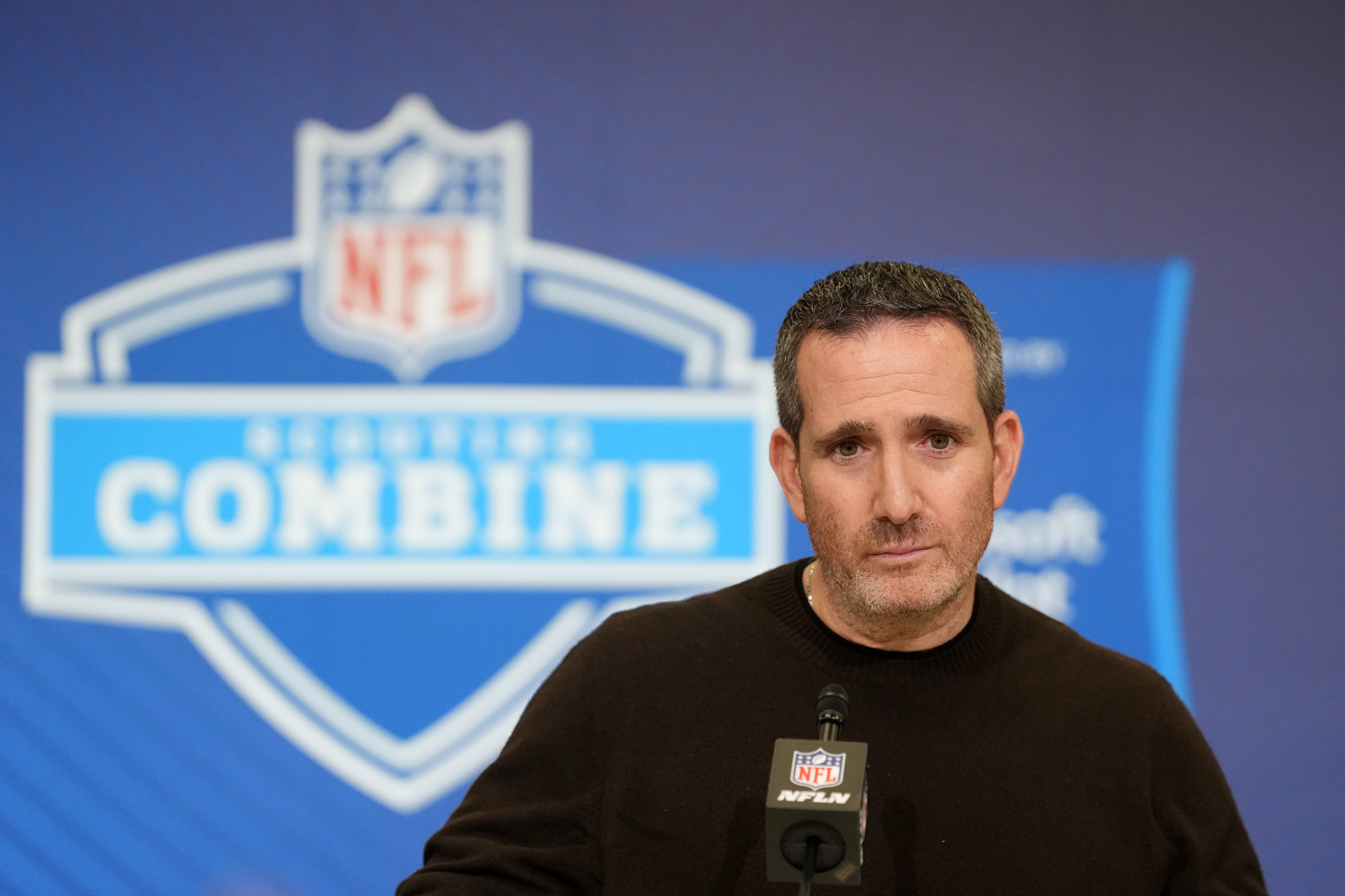 Eagles general manager Howie Roseman speaks at the NFL Scouting Combine at the Indiana Convention Center. Mandatory Credit: Kirby Lee-Imagn Images