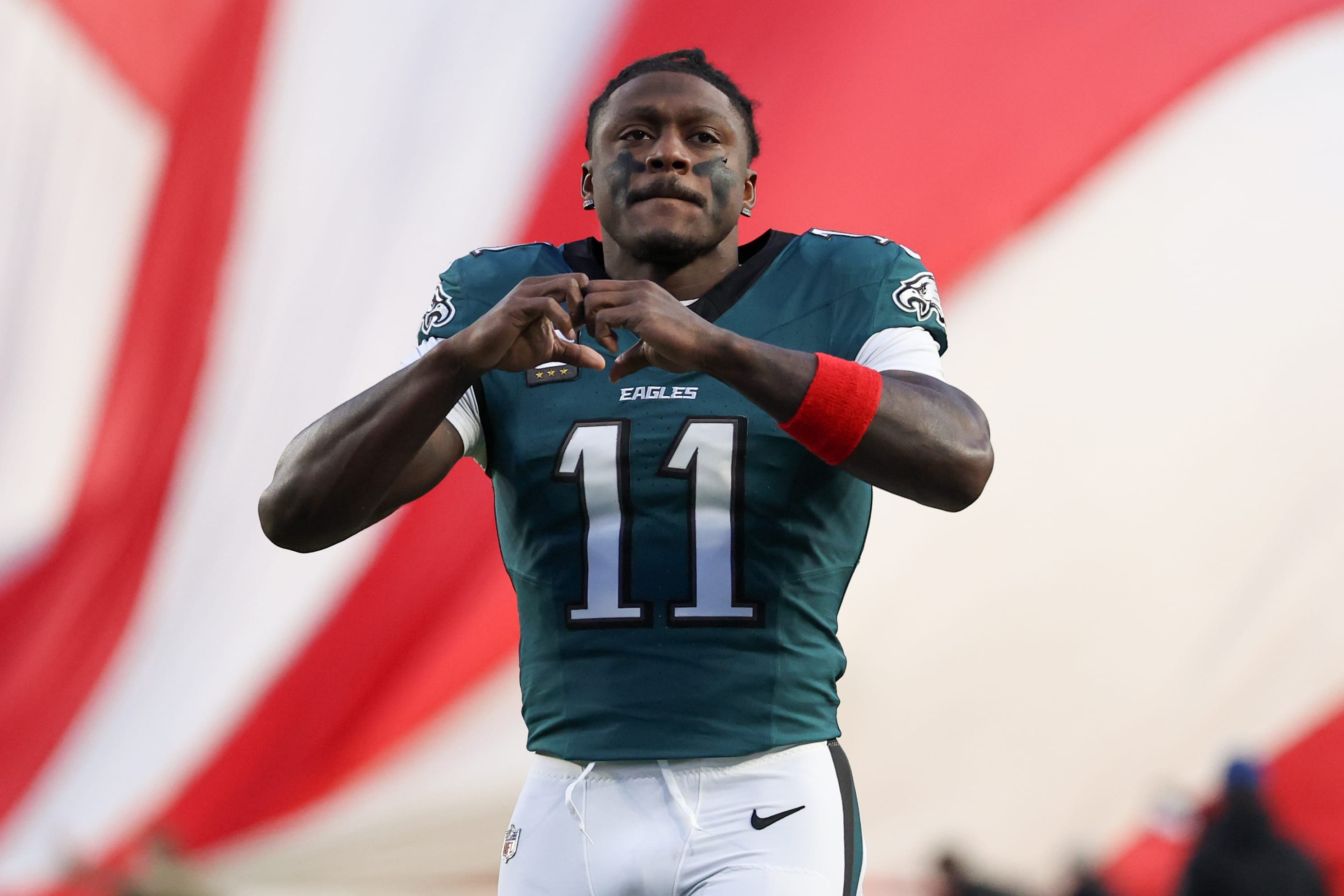 Eagles wide receiver A.J. Brown (11) looks on prior to an NFC Wild Card Round game against the San Francisco 49ers at Lincoln Financial Field. Mandatory Credit: Bill Streicher-Imagn Images