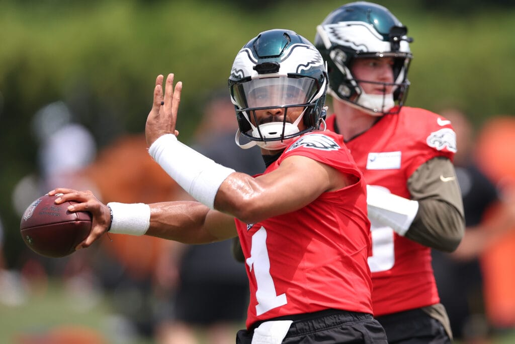 Eagles quarterback Jalen Hurts (1) passes the ball during minicamp at Jefferson Health Training Complex. Mandatory Credit: Bill Streicher-Imagn Images