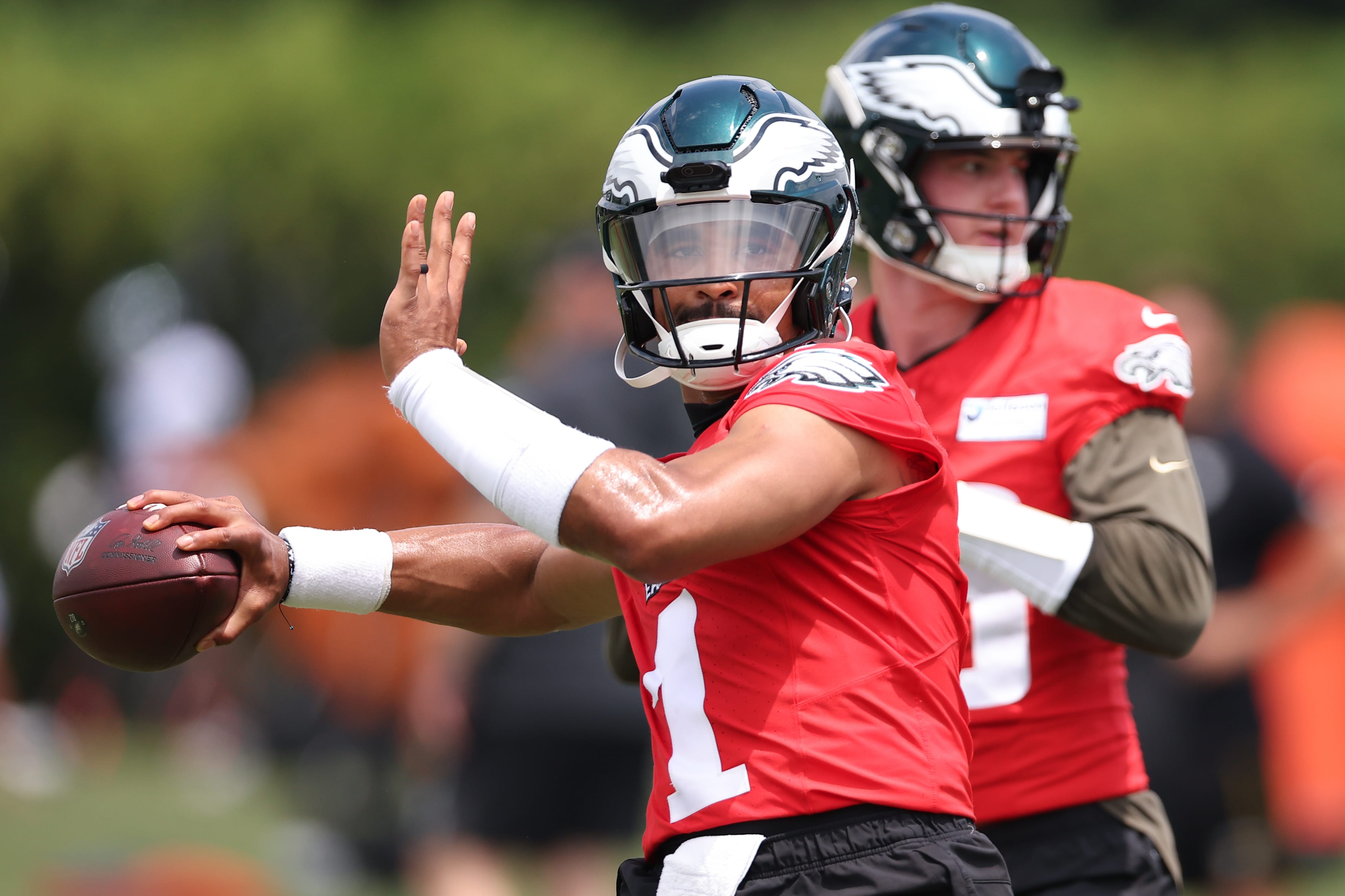 Eagles quarterback Jalen Hurts (1) passes the ball during minicamp at Jefferson Health Training Complex. Mandatory Credit: Bill Streicher-Imagn Images