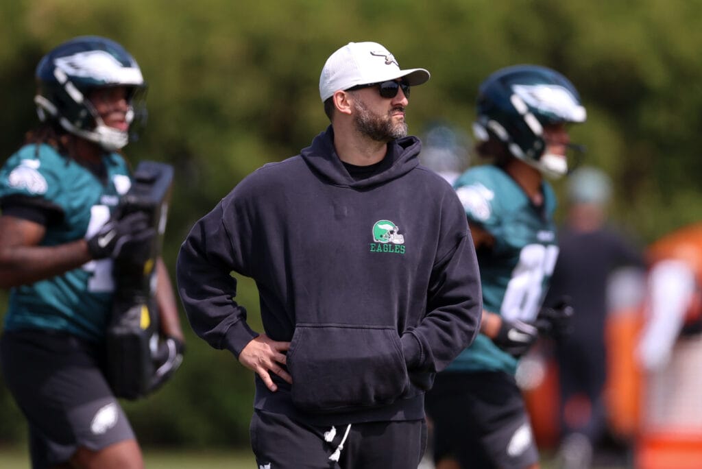 Eagles head coach Nick Sirianni looks on during rookie minicamp at NovaCare Complex. Mandatory Credit: Bill Streicher-Imagn Images