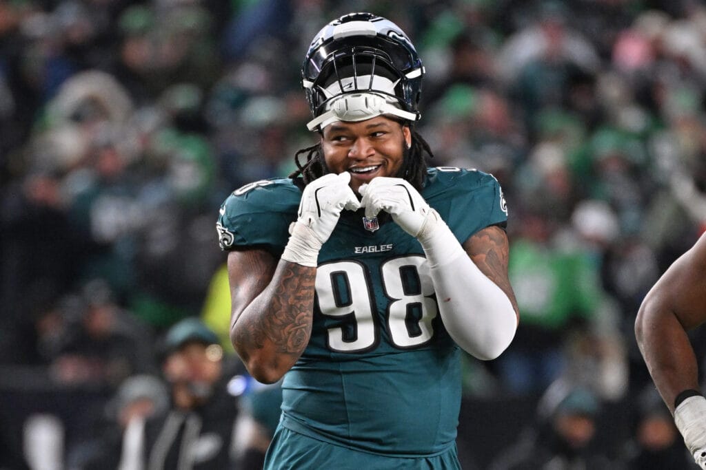 Eagles defensive tackle Jalen Carter (98) against the San Francisco 49ers in an NFC Wild Card Round game at Lincoln Financial Field. Mandatory Credit: Eric Hartline-Imagn Images