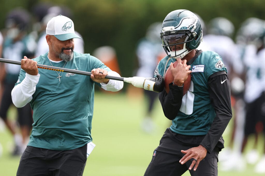 Eagles wide receiver DeVonta Smith (6) runs a drill during training camp at Jefferson Health Training Complex. Mandatory Credit: Bill Streicher-Imagn Images